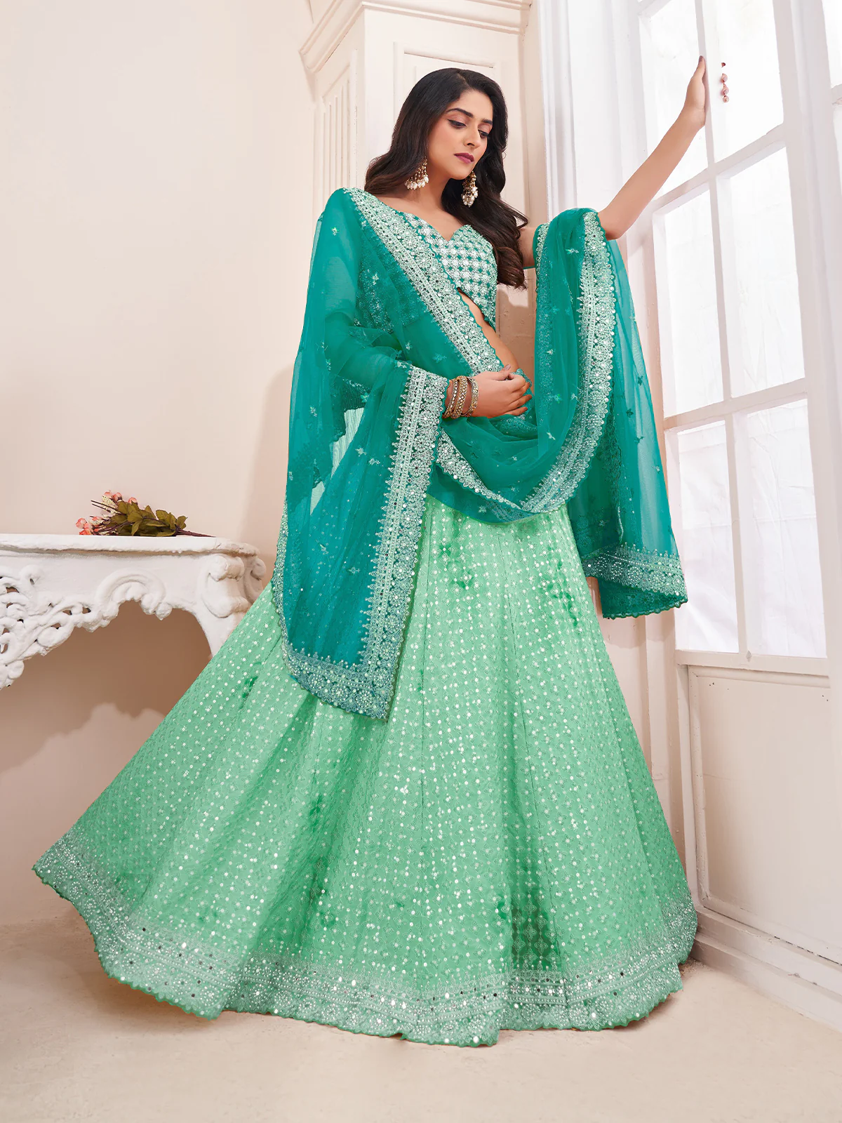 Odette Green Shibori Crepe Embroidered Semi Stitched Lehenga With Unstitched Blouse for Women - Image 2