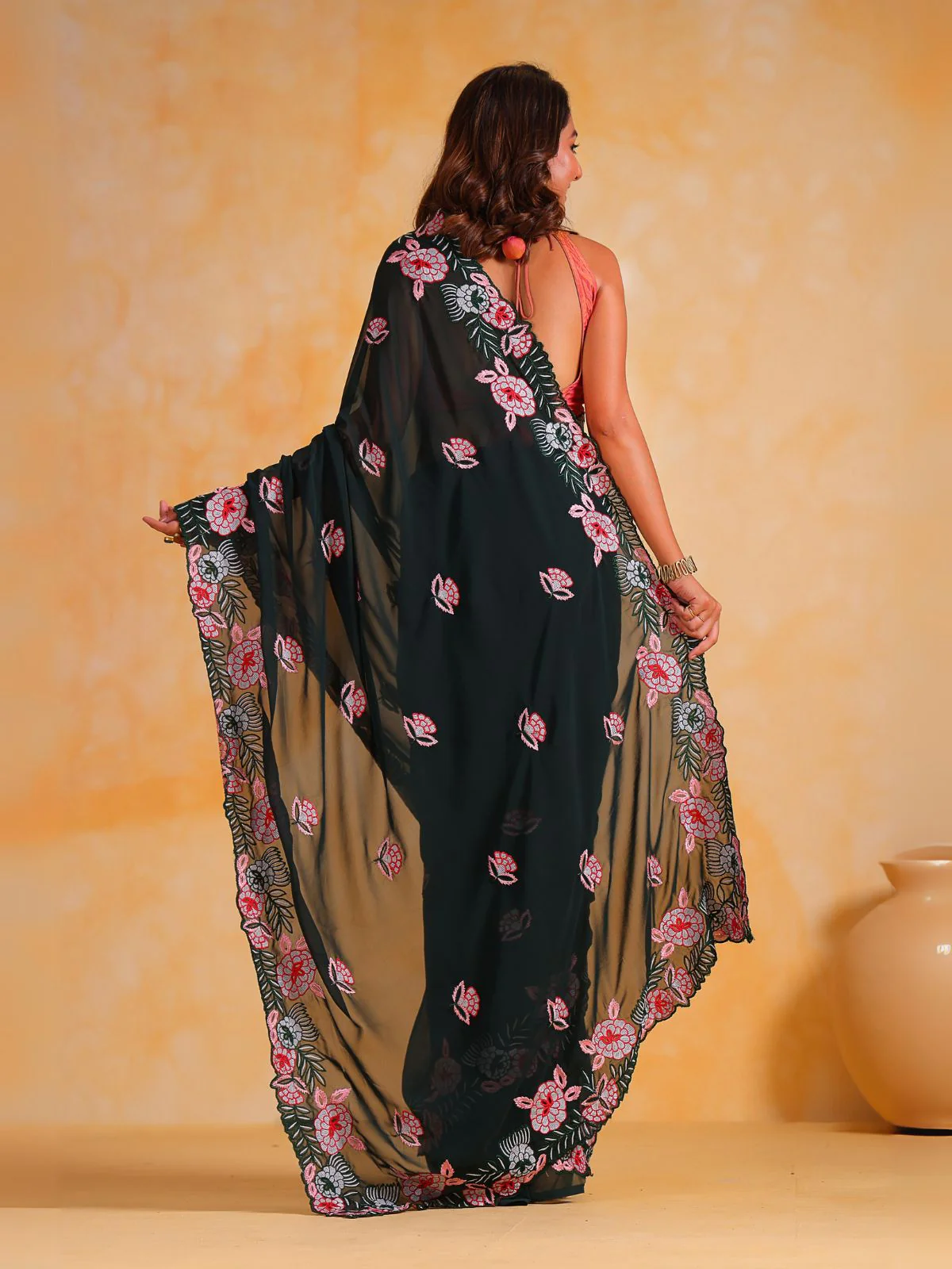 Odette Green Silk Blend Embroidered Saree With Unstitched Blouse For Women - Image 4