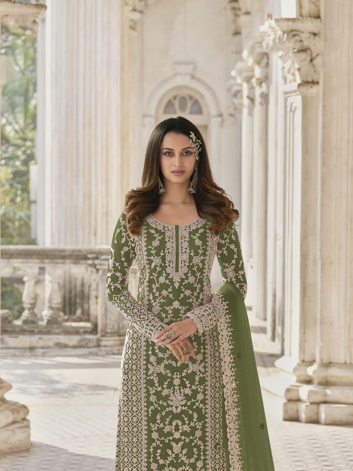 Odette Green Silk Blend Embroidered Semi Stitched Kurta Set For Women - Image 2
