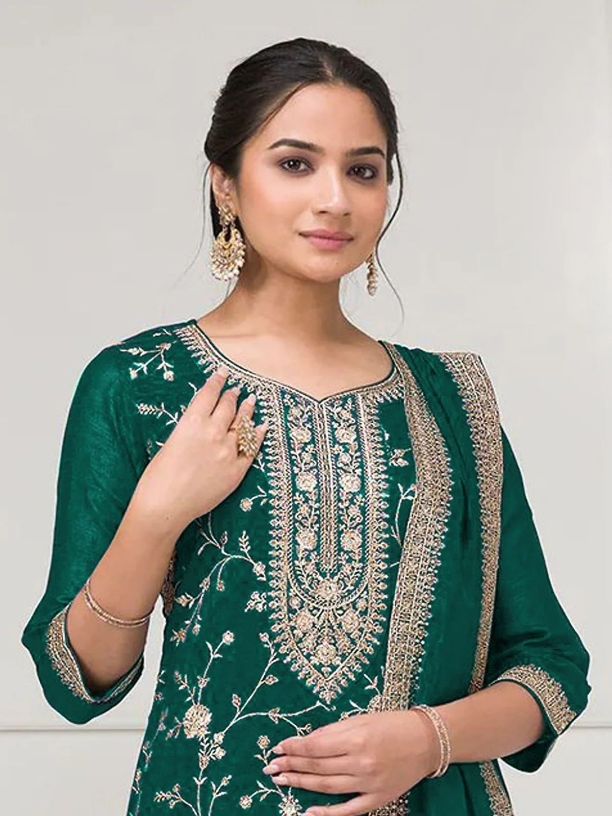 Odette Green Silk Blend Embroidered Semi-Stitched Kurta Set For Women - Image 3