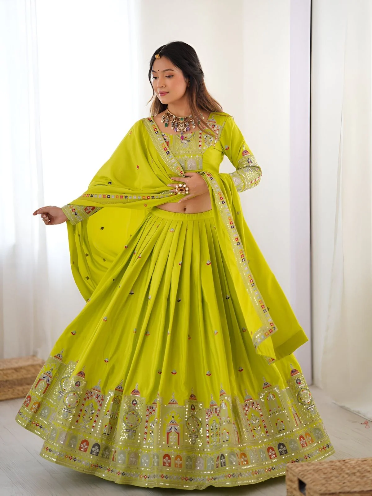 Odette Green Silk Blend Embroidered Semi-Stitched lehenga For Women - Image 2