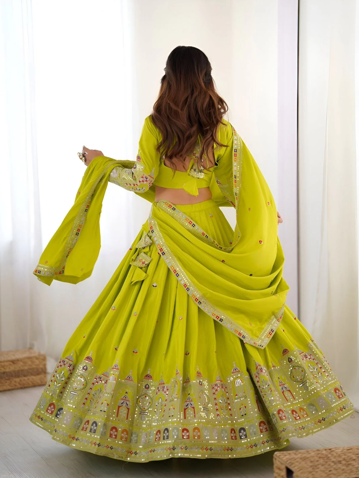 Odette Green Silk Blend Embroidered Semi-Stitched lehenga For Women - Image 4