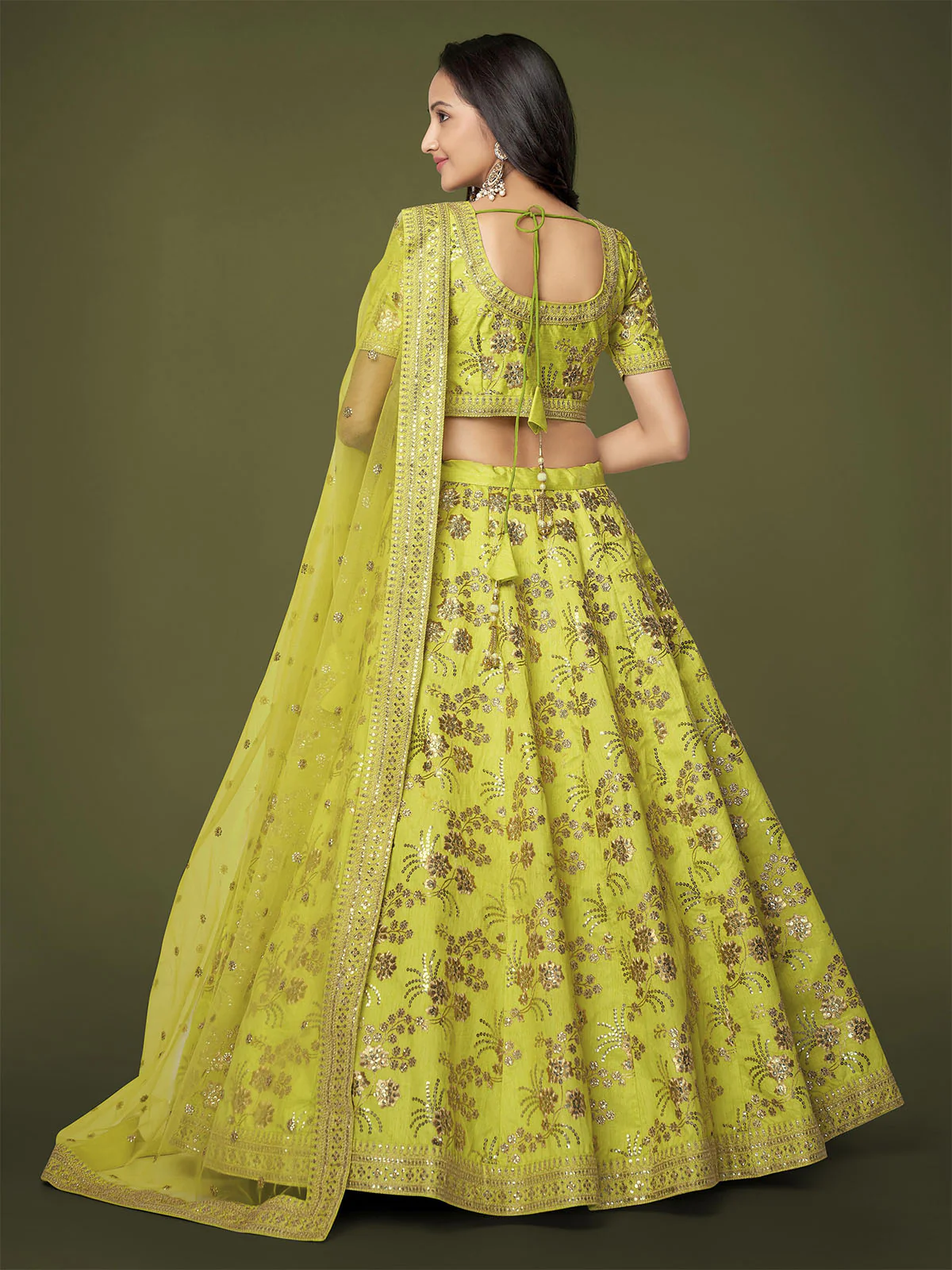 Odette Green Silk Blend Embroidered Semi Stitched Lehenga With Unstitched Blouse For Women - Image 3