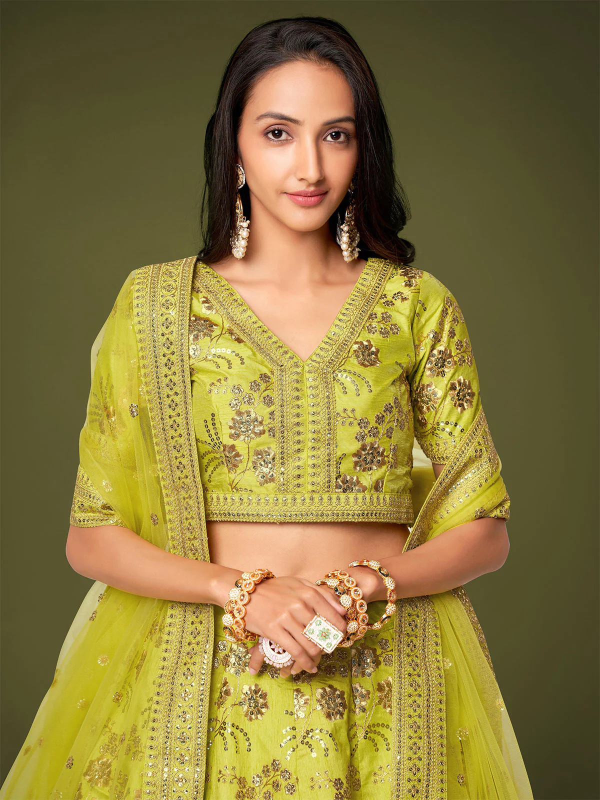 Odette Green Silk Blend Embroidered Semi Stitched Lehenga With Unstitched Blouse For Women - Image 5