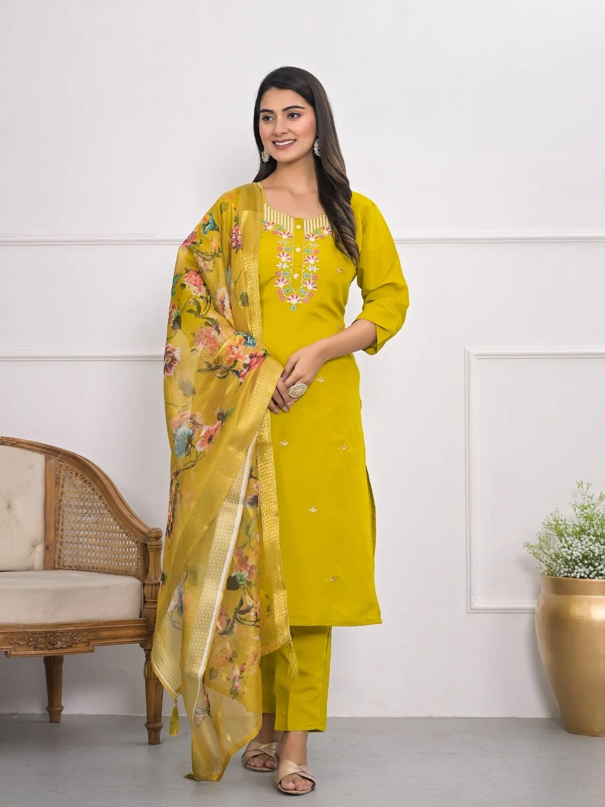 Odette Green Silk Blend Embroidered Stitched Kurta Set For Women - Image 2