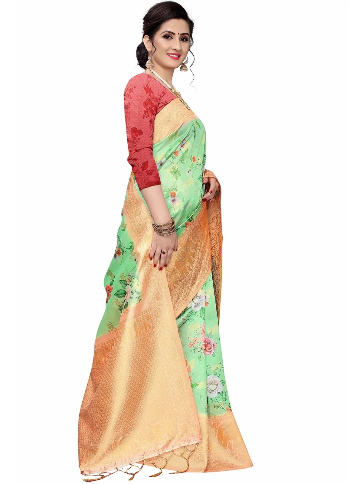 Odette Green Silk Blend Floral Printed Saree For Women - Image 2