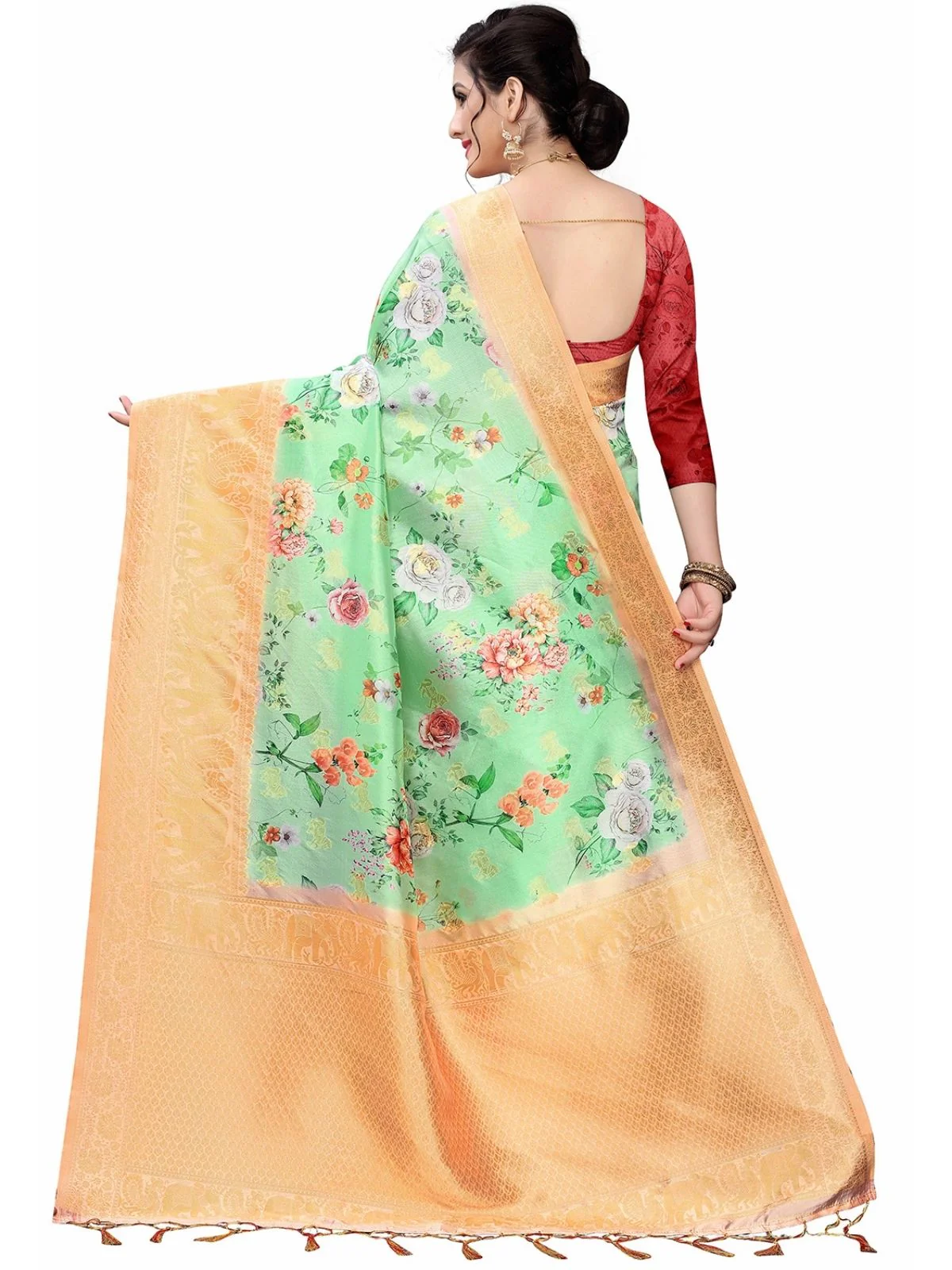 Odette Green Silk Blend Floral Printed Saree For Women - Image 3
