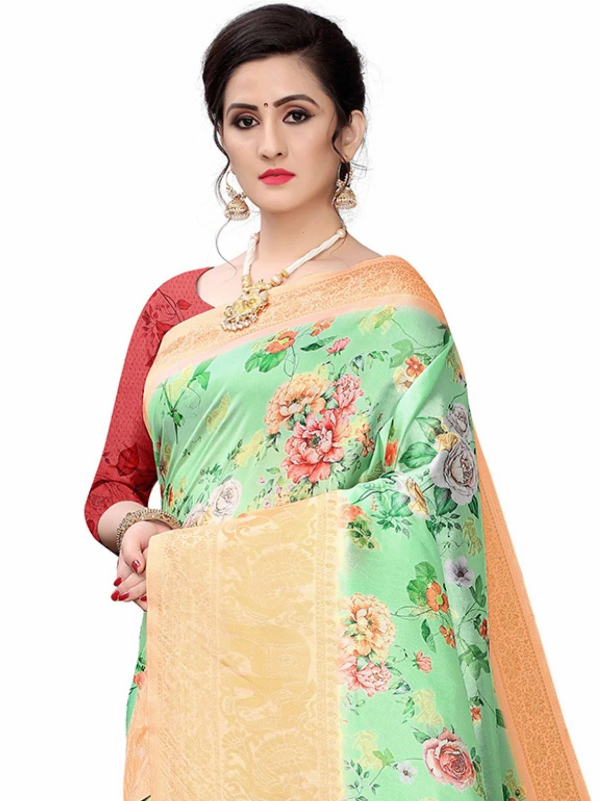 Odette Green Silk Blend Floral Printed Saree For Women - Image 4