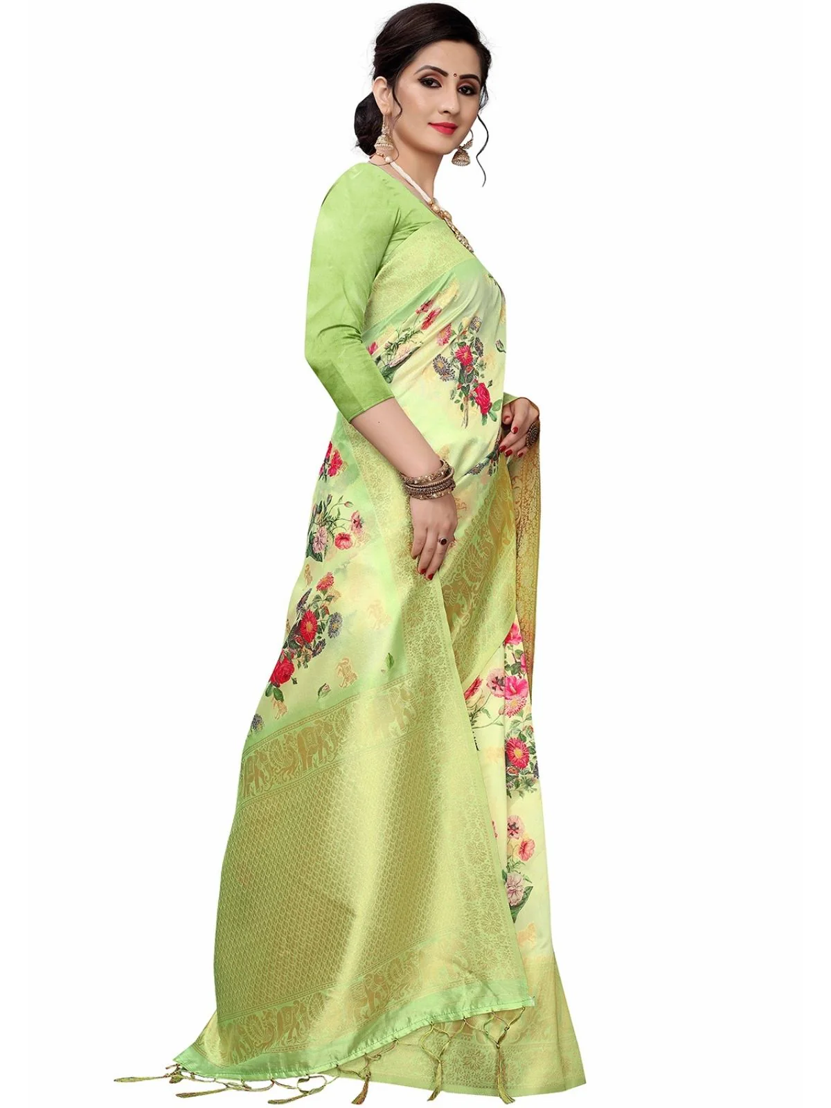 Odette Green Silk Blend Floral Printed Saree For Women - Image 2