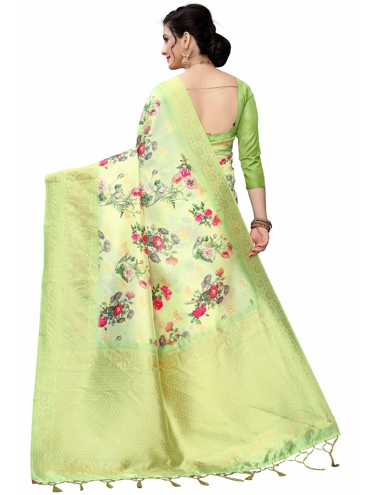 Odette Green Silk Blend Floral Printed Saree For Women - Image 3