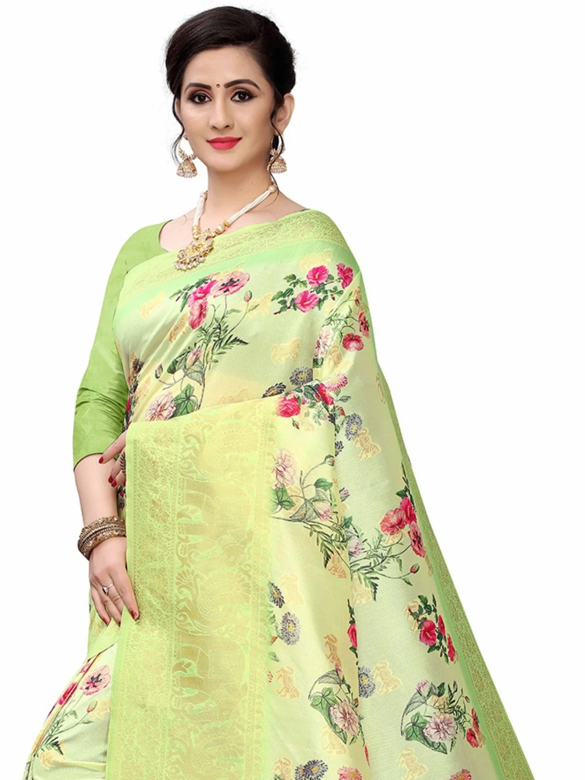 Odette Green Silk Blend Floral Printed Saree For Women - Image 4