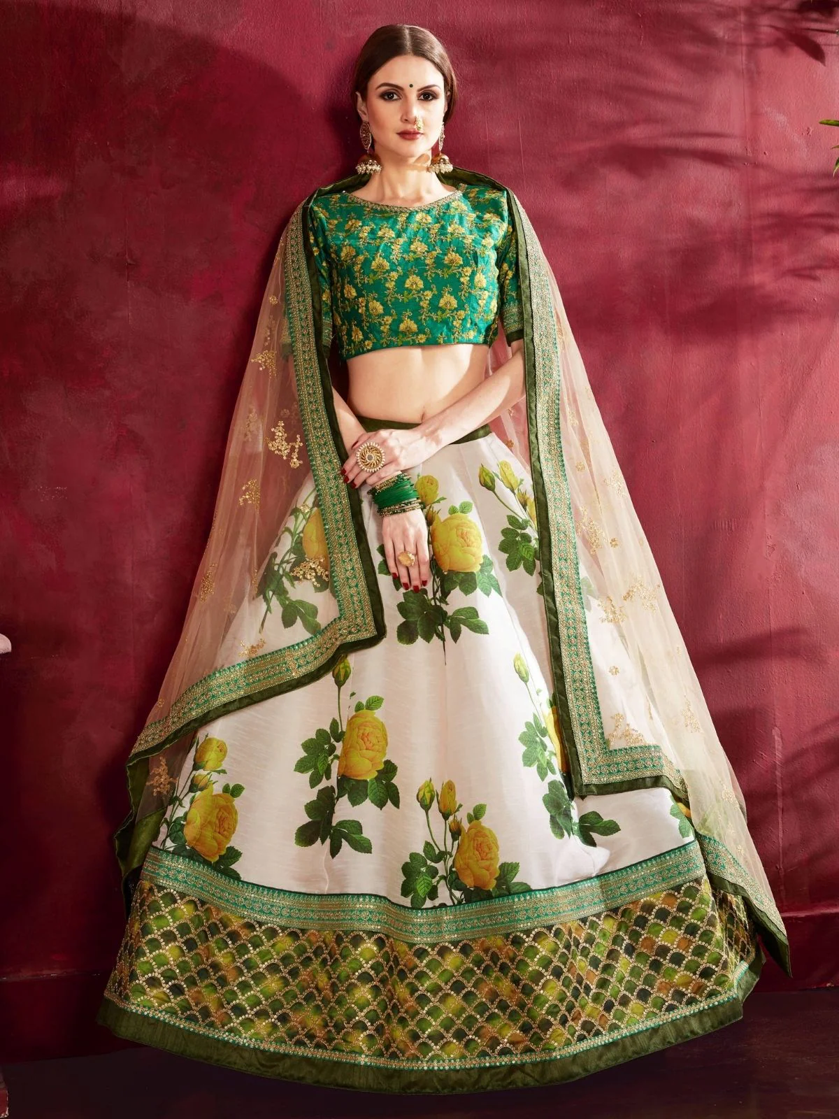 Odette Green Silk Blend Printed Semi Stitched Lehenga With Blouse For Women - Image 2