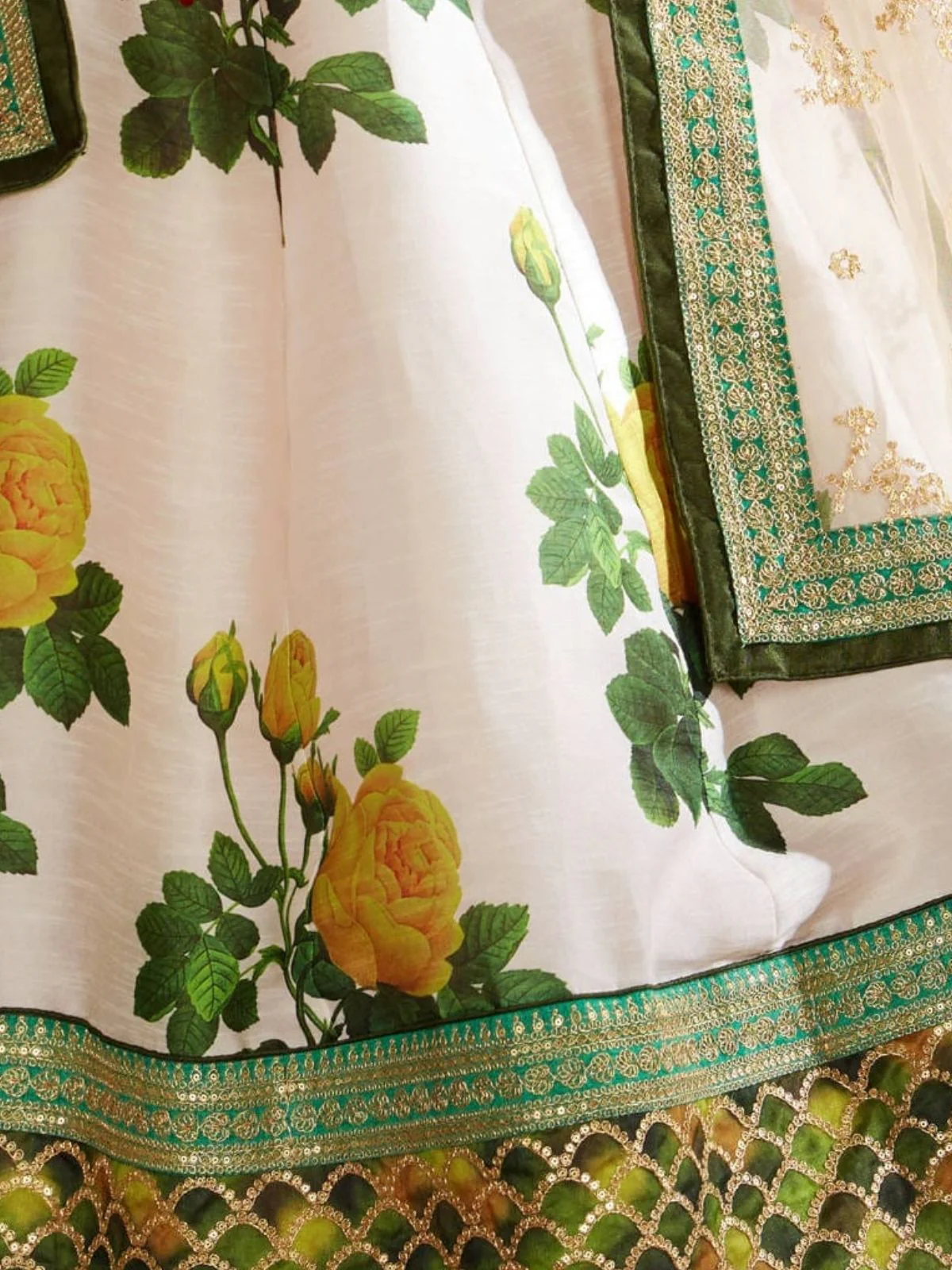 Odette Green Silk Blend Printed Semi Stitched Lehenga With Blouse For Women - Image 5