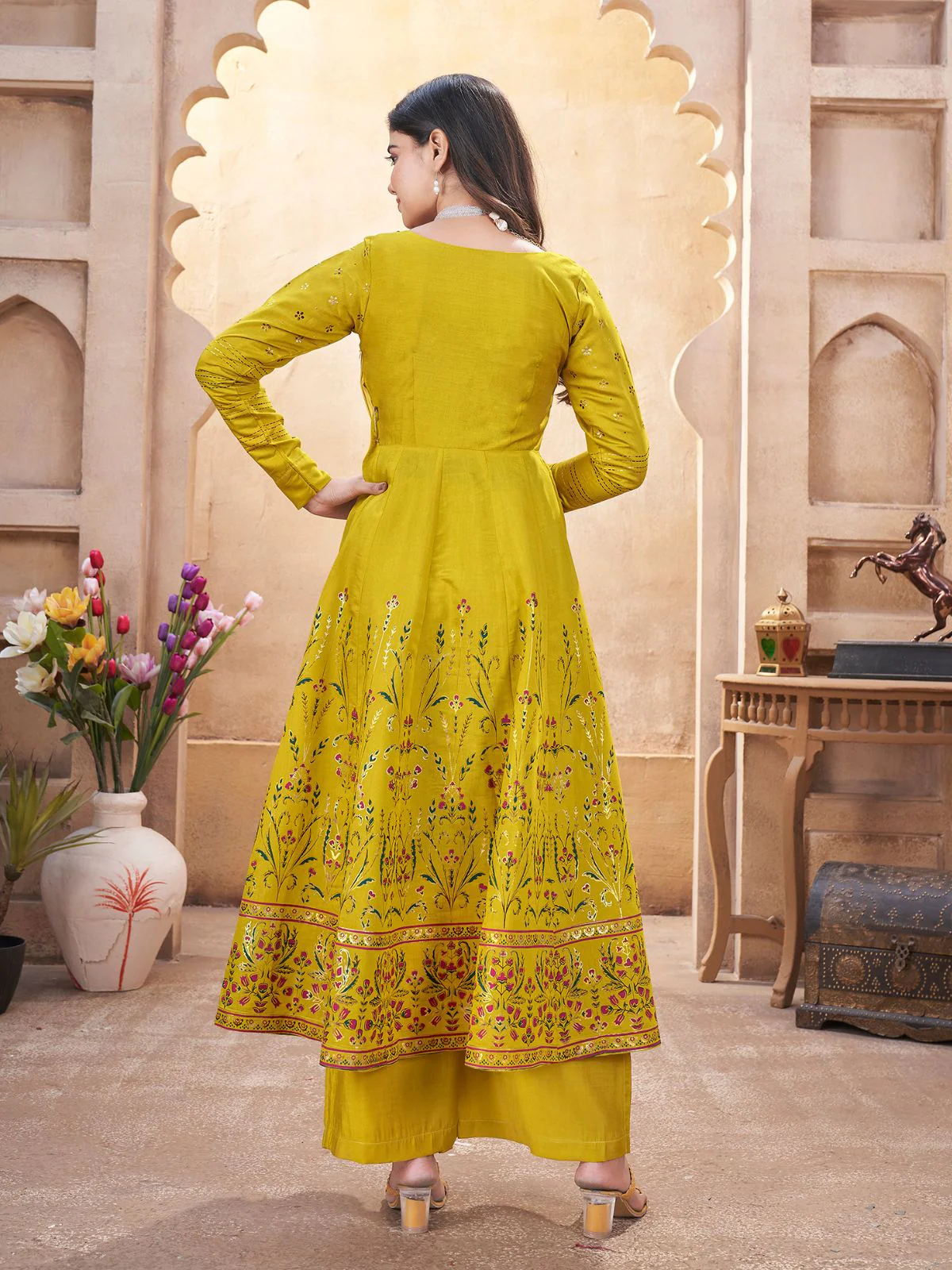 Odette Green Silk Blend Printed Stitched Kurta Set For Women - Image 3