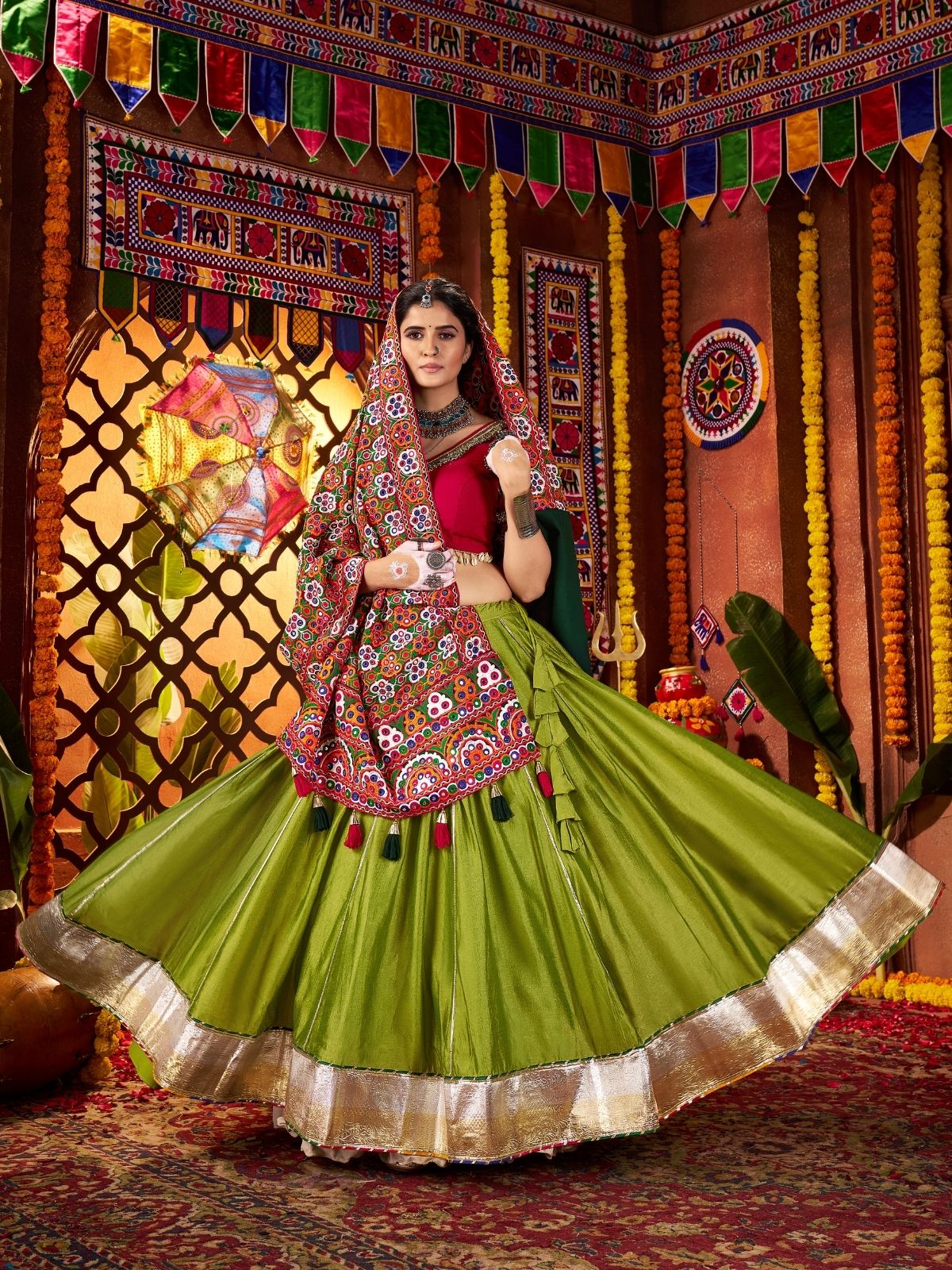 Odette Green Silk Blend Semi-Stitched lehenga With Stunning Tassels For Women - Image 2
