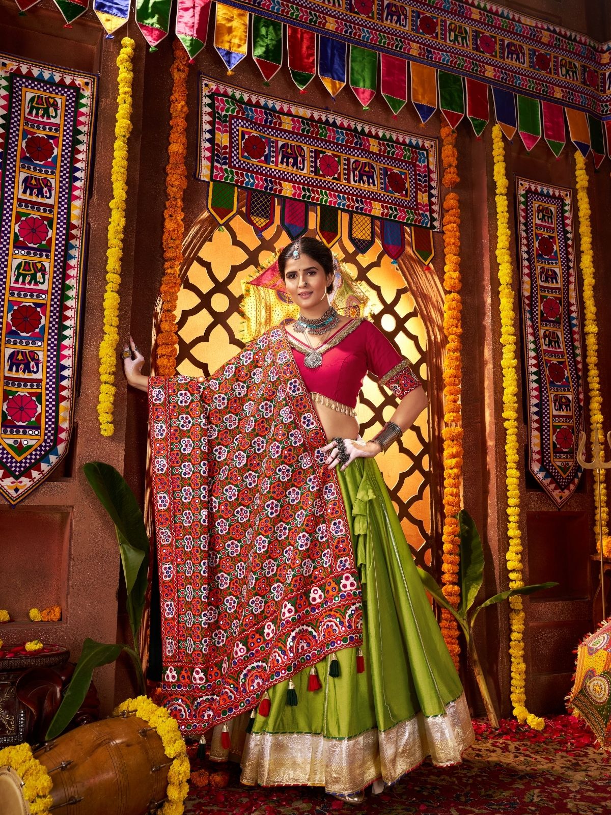 Odette Green Silk Blend Semi-Stitched lehenga With Stunning Tassels For Women - Image 3