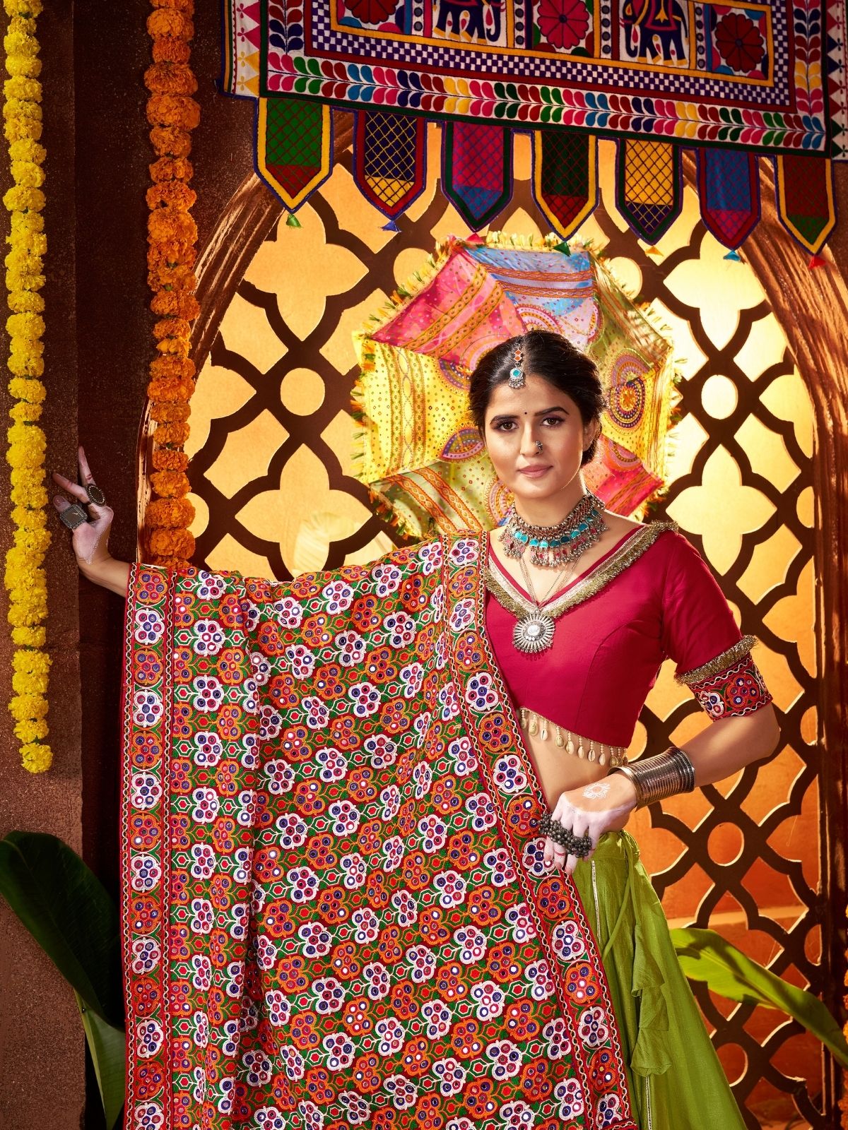 Odette Green Silk Blend Semi-Stitched lehenga With Stunning Tassels For Women - Image 5