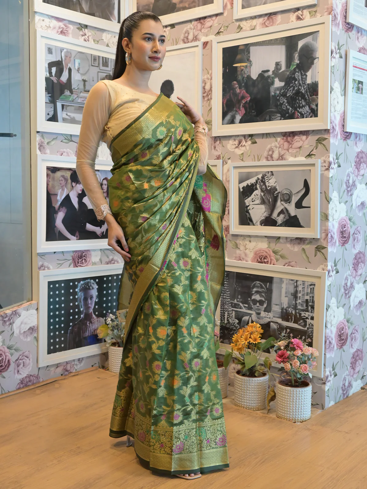 Odette Green Silk Blend Woven Saree with Unstitched Blouse for Women - Image 3