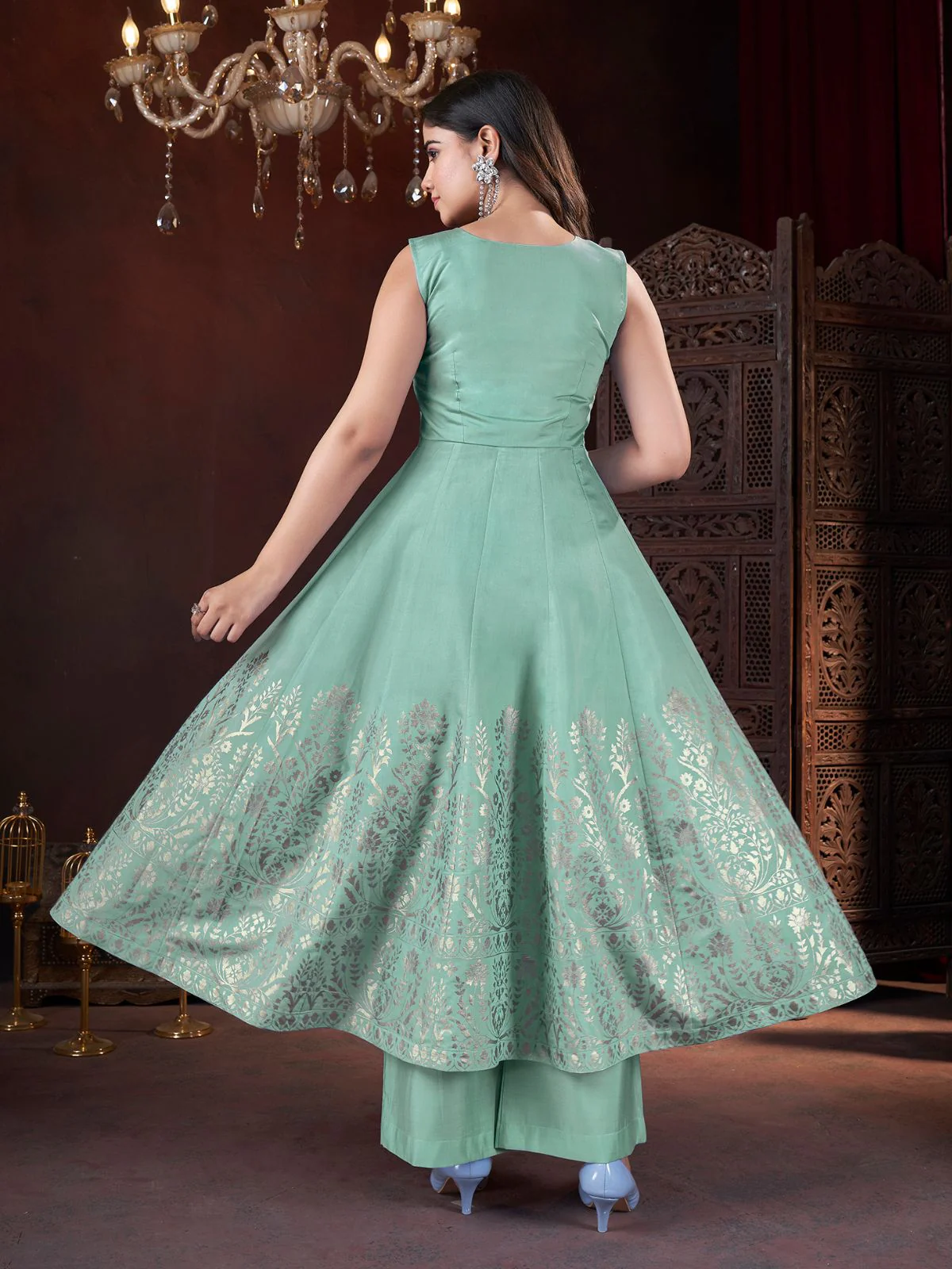 Odette Green Silk Blend Woven Stitched Kurta Set For Women - Image 3