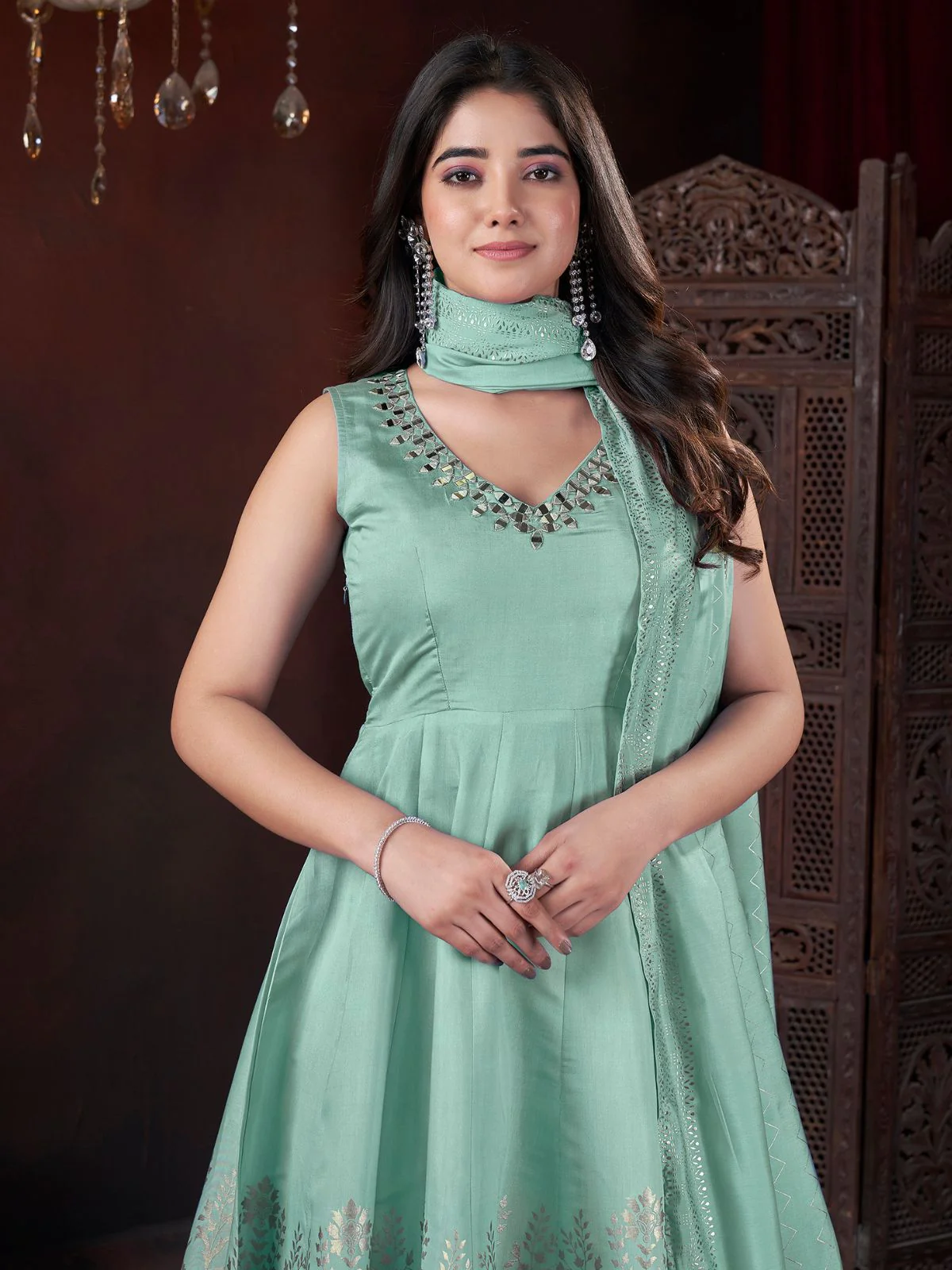Odette Green Silk Blend Woven Stitched Kurta Set For Women - Image 4