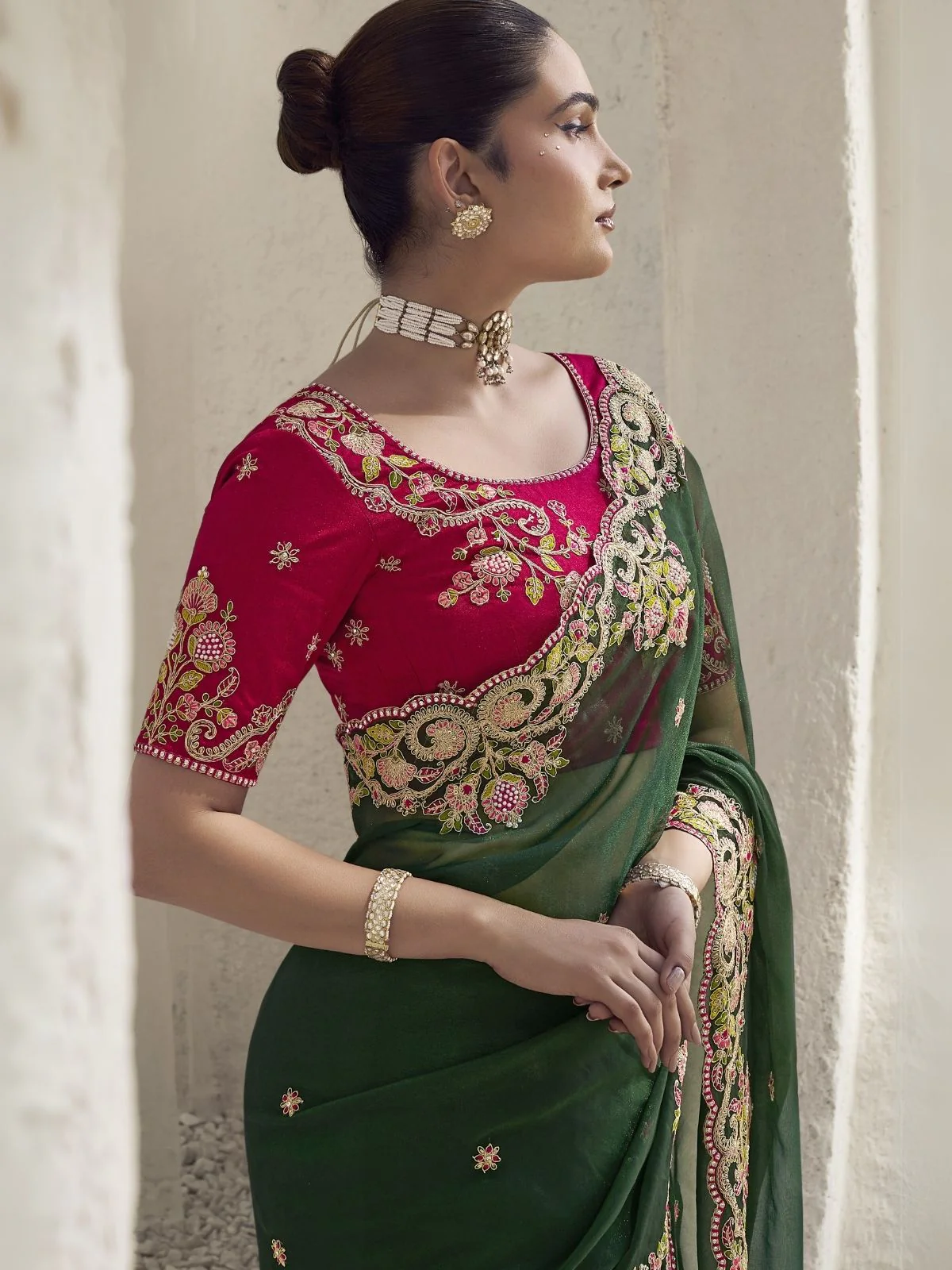 Odette Green Georgette Embroidered Saree With Unstitched Blouse For Women - Image 2