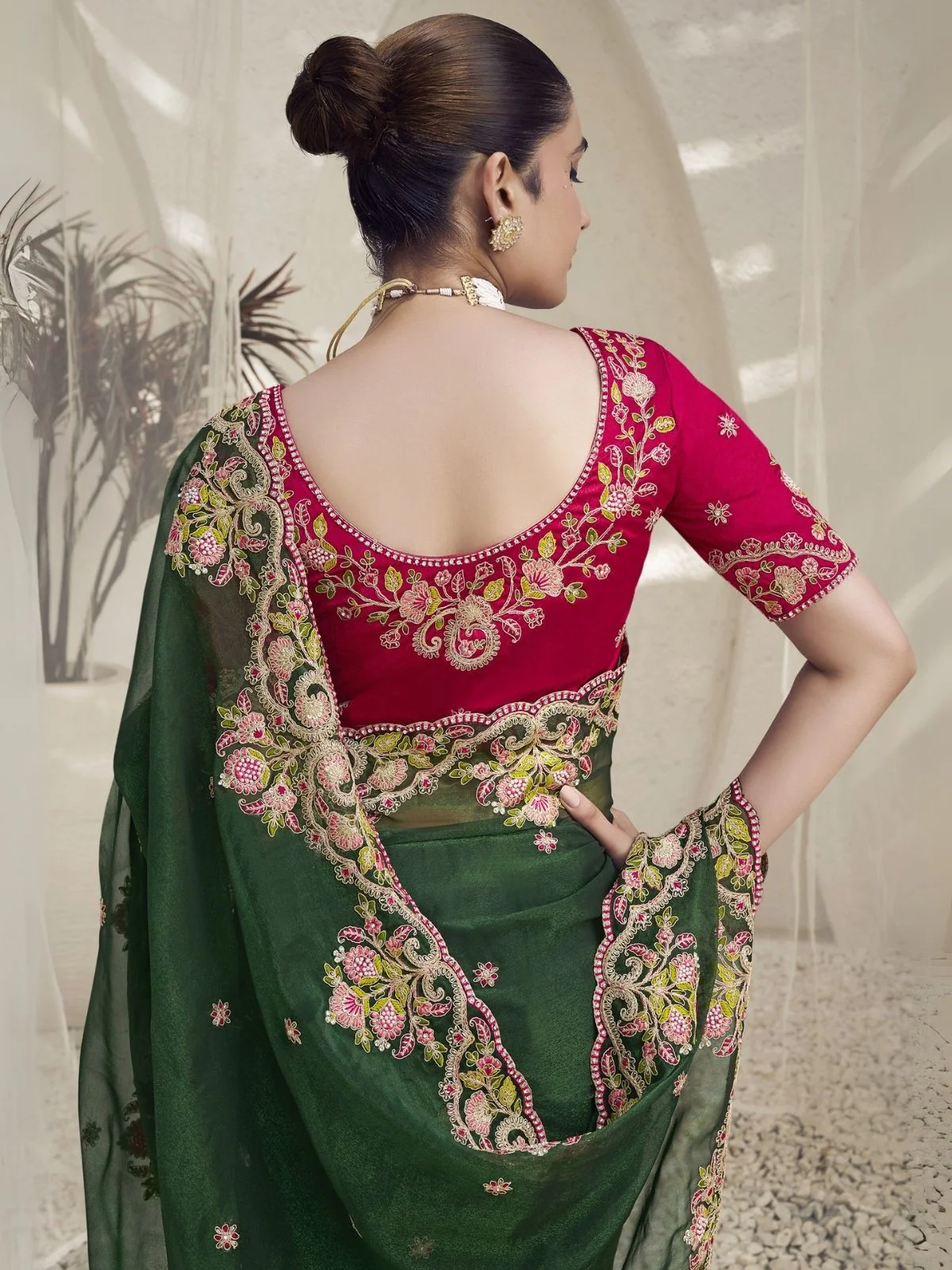 Odette Green Georgette Embroidered Saree With Unstitched Blouse For Women - Image 3