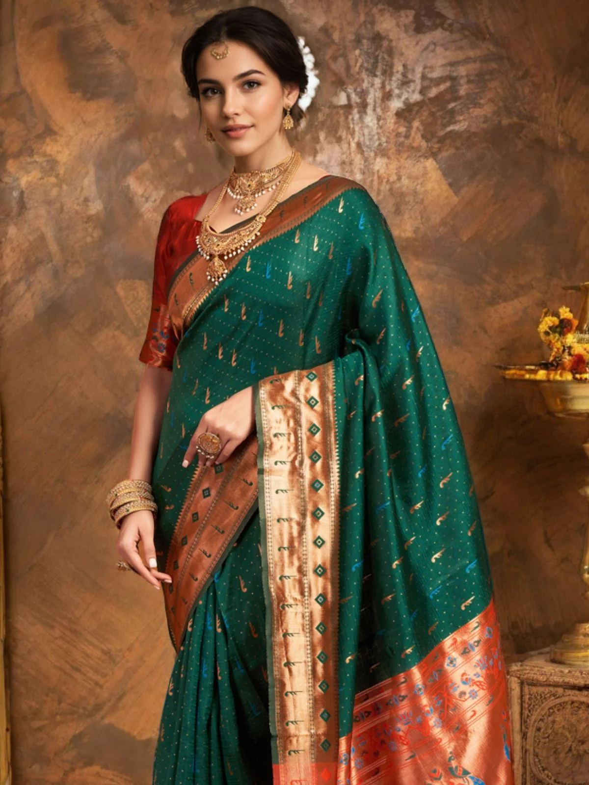 Odette Green Silk Woven Saree For Women - Image 4