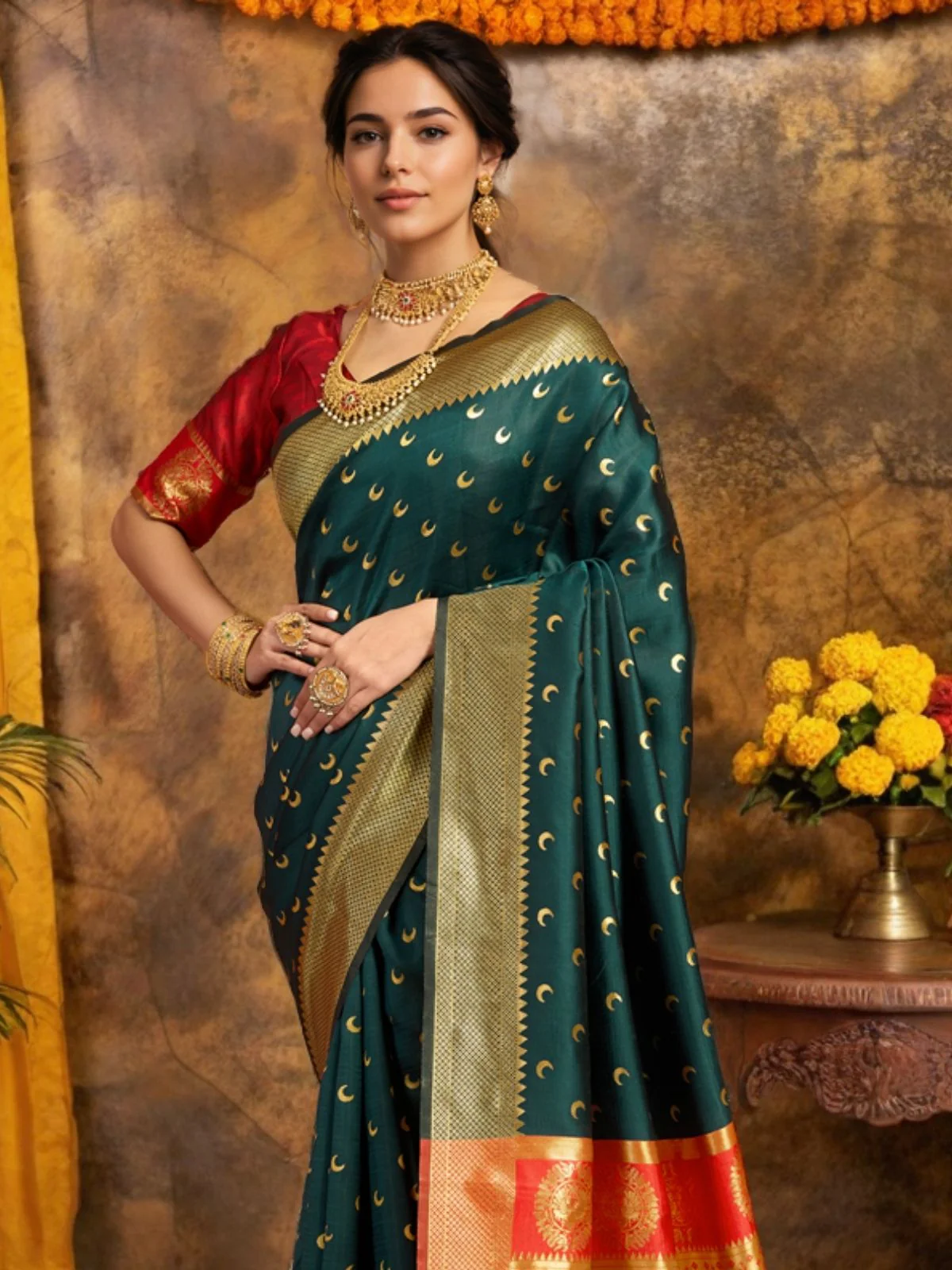 Odette Green Silk Woven Saree For Women - Image 4
