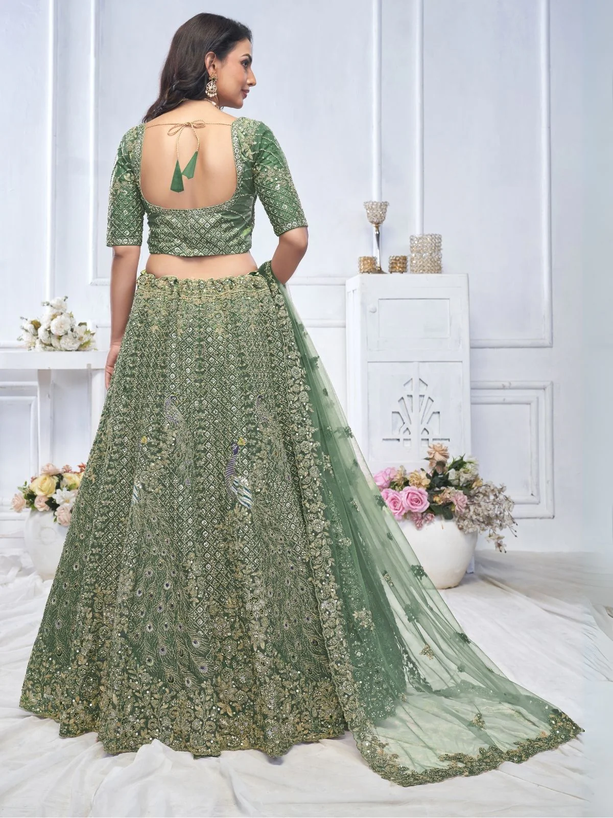 Odette Green Soft Net Embroidered Semi-Stitched Lehenga With Unstitched Blouse For Women - Image 3