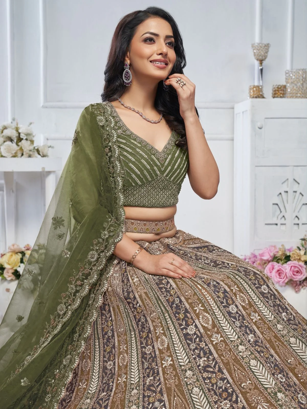Odette Green Soft Net Embroidered Semi-Stitched Lehenga With Unstitched Blouse For Women - Image 5