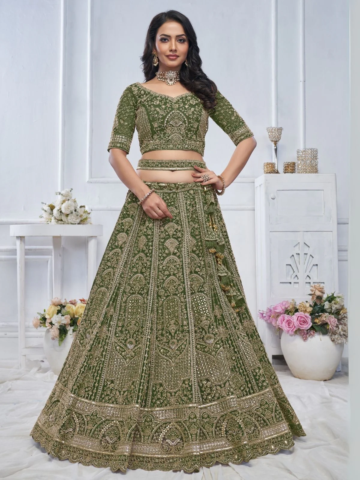 Odette Green Soft Net Embroidered Semi-Stitched Lehenga With Unstitched Blouse For Women - Image 2
