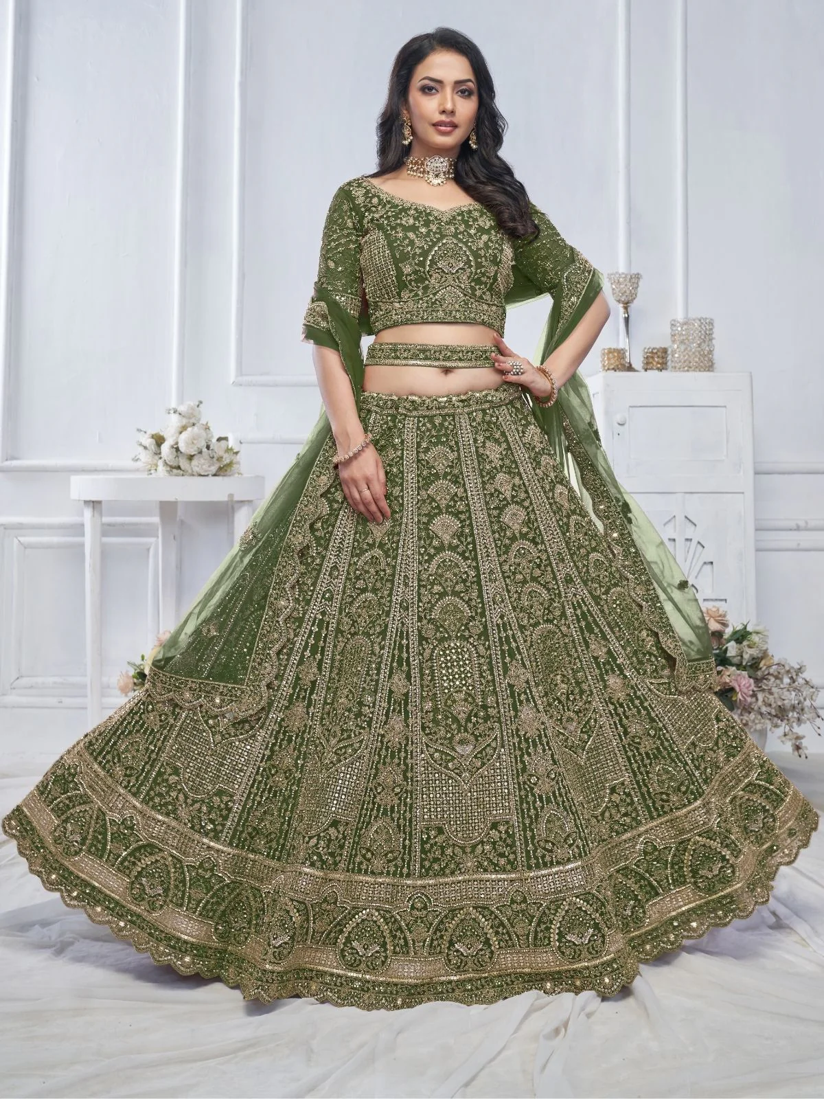 Odette Green Soft Net Embroidered Semi-Stitched Lehenga With Unstitched Blouse For Women - Image 3