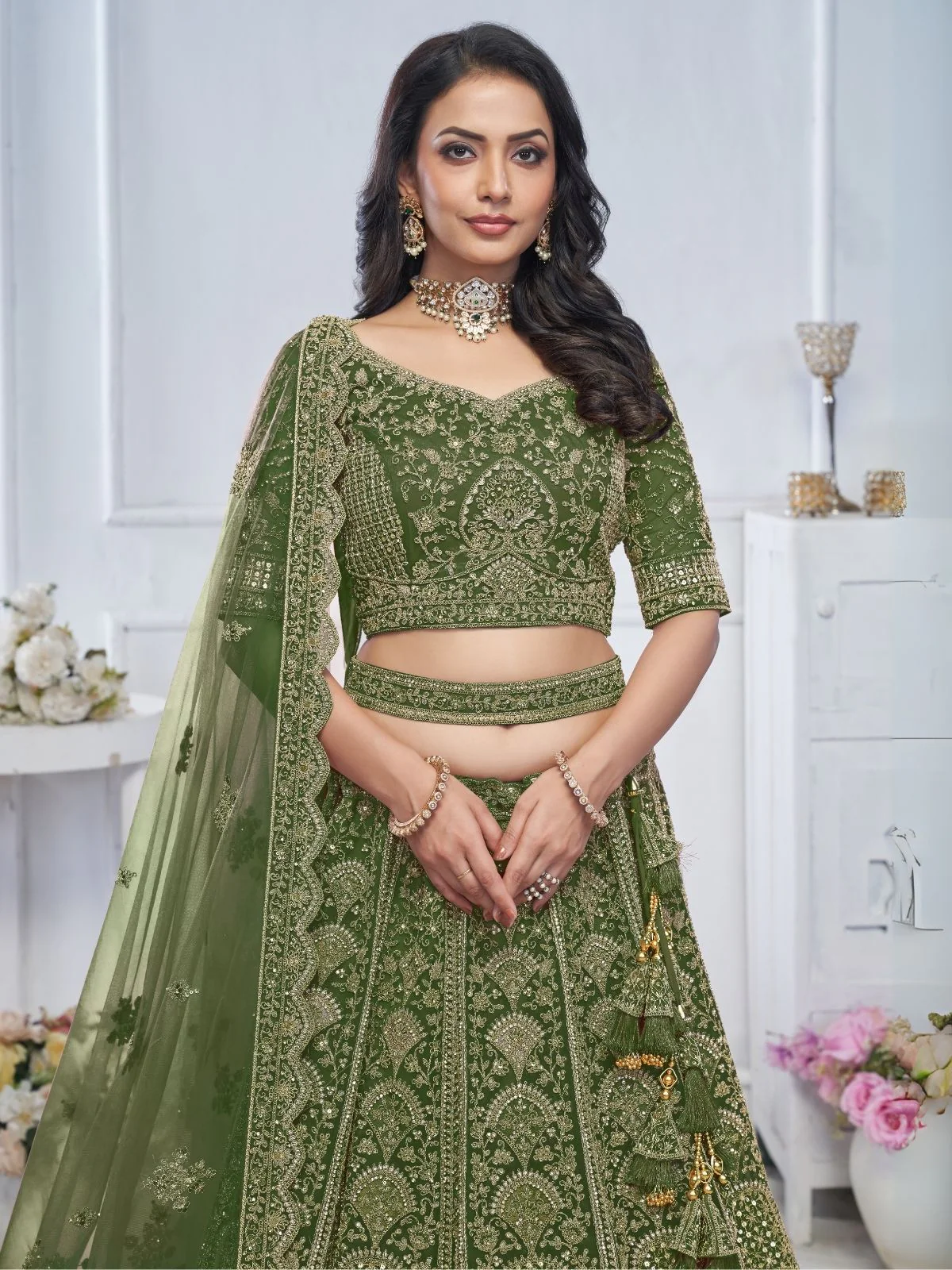 Odette Green Soft Net Embroidered Semi-Stitched Lehenga With Unstitched Blouse For Women - Image 4