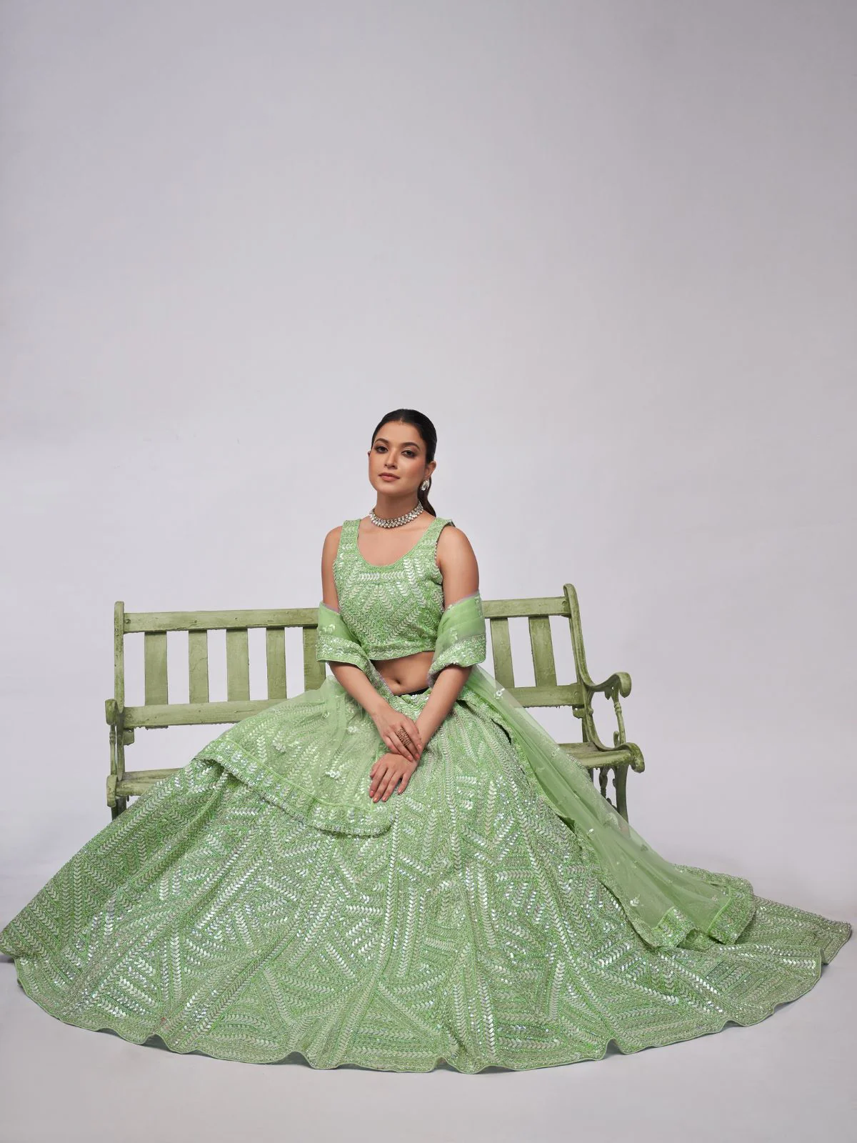 Odette Green Soft Net Embroidered Semi Stitched Lehenga With Unstitched Blouse For Women - Image 3