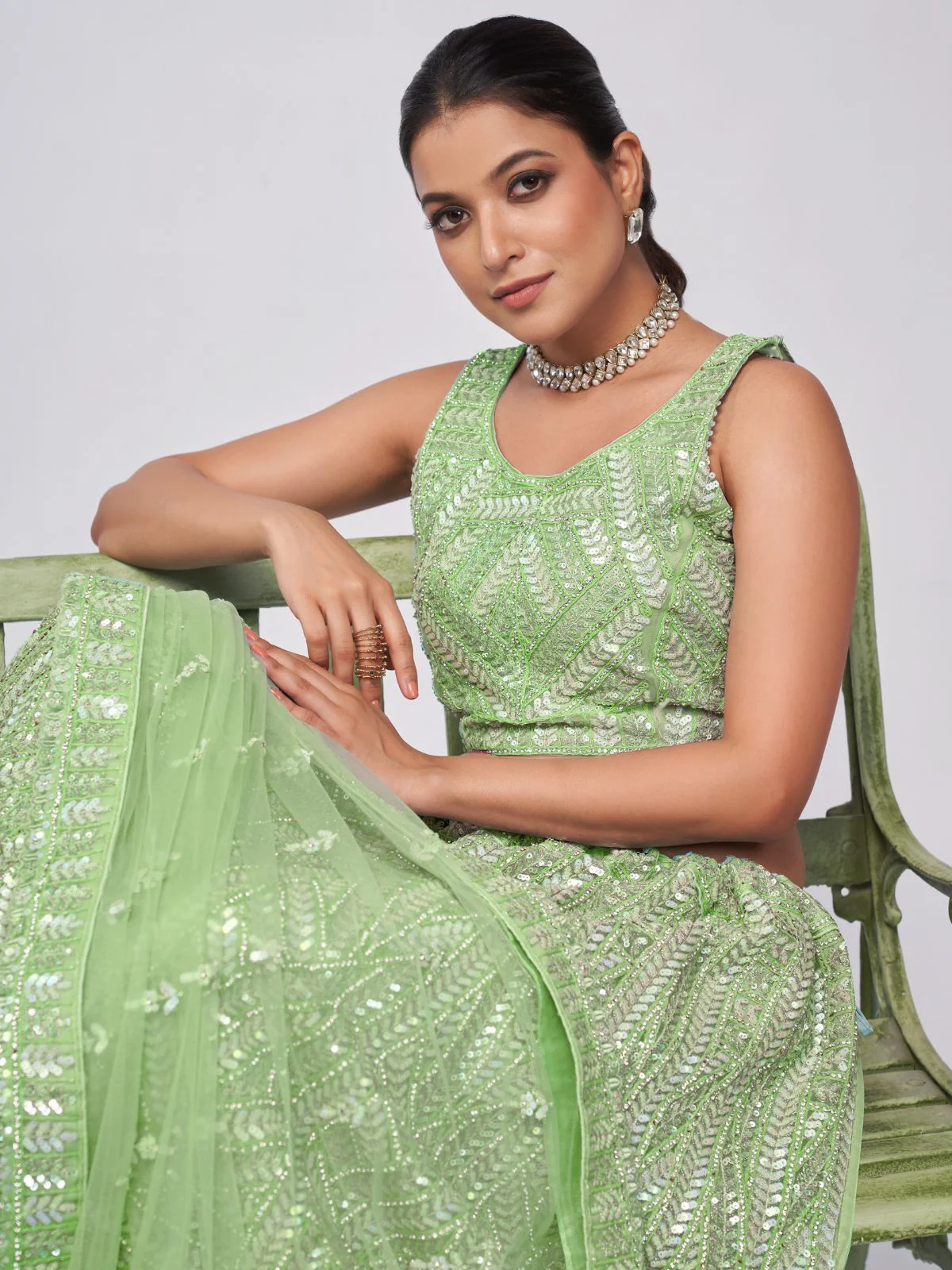 Odette Green Soft Net Embroidered Semi Stitched Lehenga With Unstitched Blouse For Women - Image 4