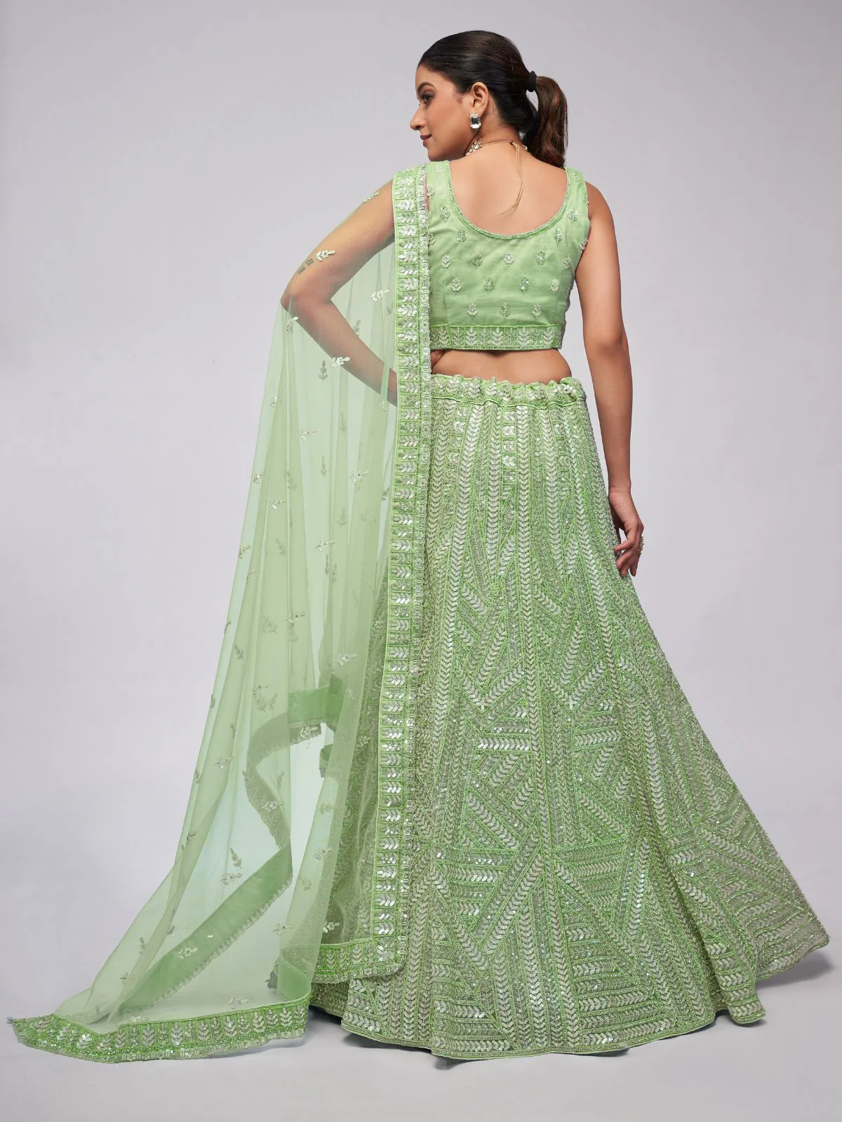 Odette Green Soft Net Embroidered Semi Stitched Lehenga With Unstitched Blouse For Women - Image 5