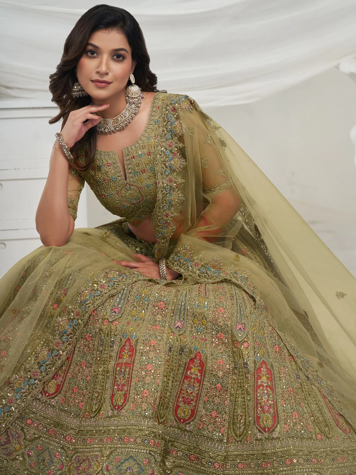 Odette Green Soft Net Embroidered Semi Stitched Lehenga With Unstitched Blouse For Women - Image 3