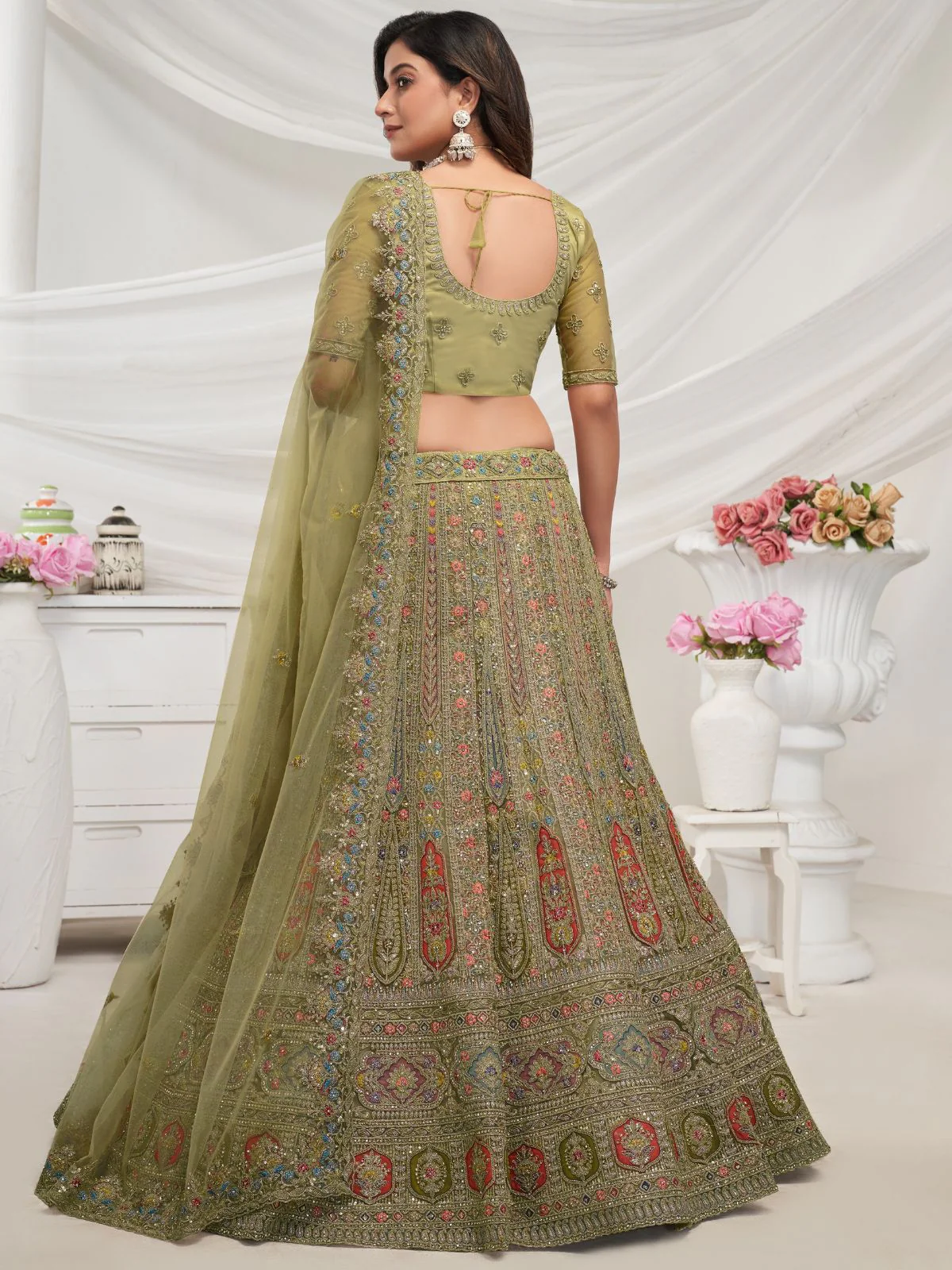 Odette Green Soft Net Embroidered Semi Stitched Lehenga With Unstitched Blouse For Women - Image 5