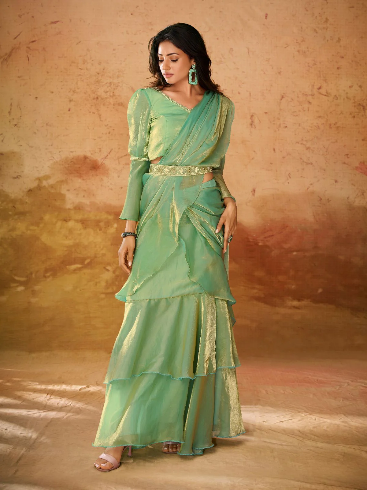 Odette Green Solid Organza Ready To Wear Saree With Stitched Blouse For Women - Image 2