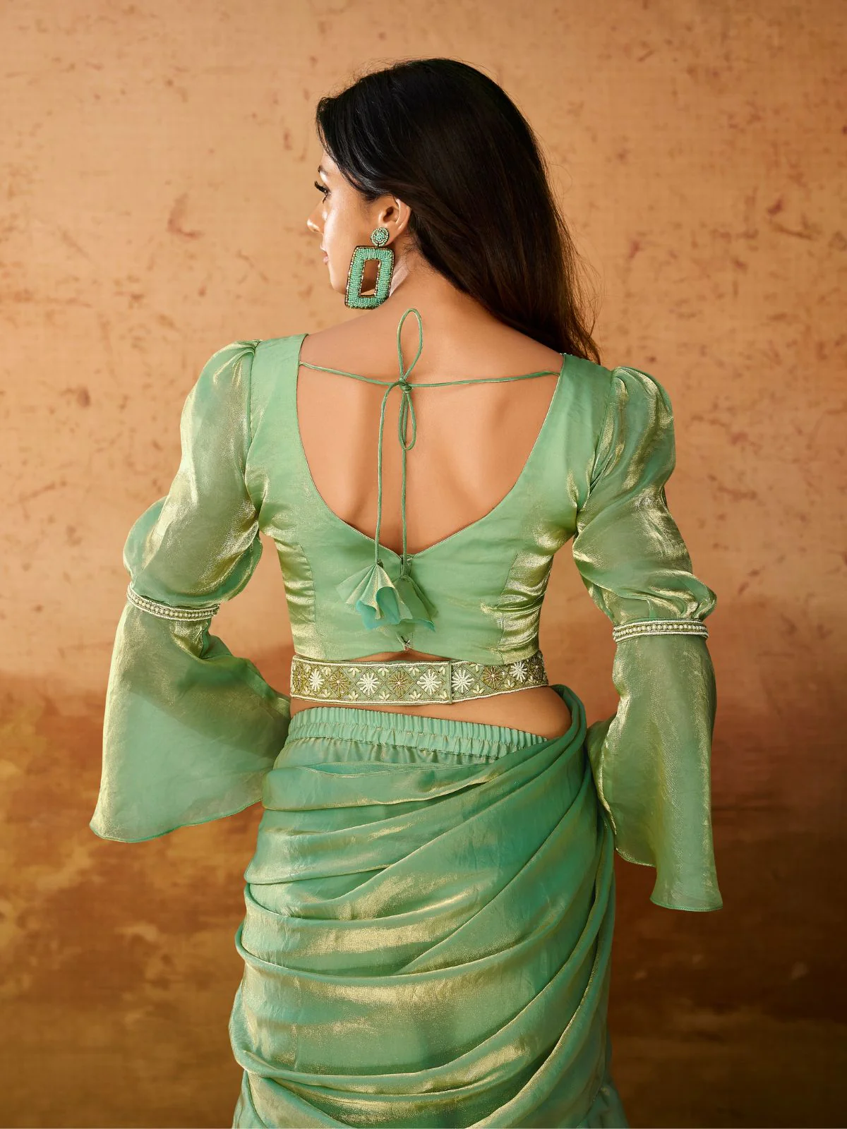 Odette Green Solid Organza Ready To Wear Saree With Stitched Blouse For Women - Image 6