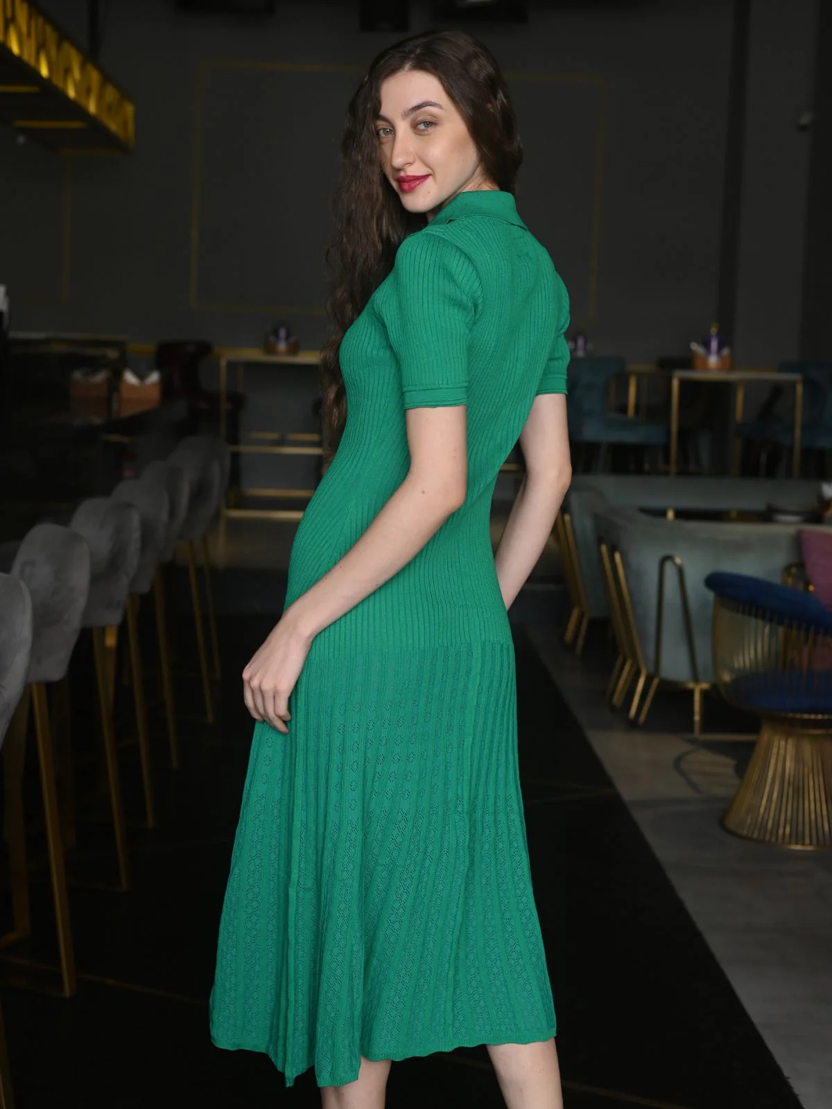Odette Green Solid Rib With Lycra Dress For Women - Image 3