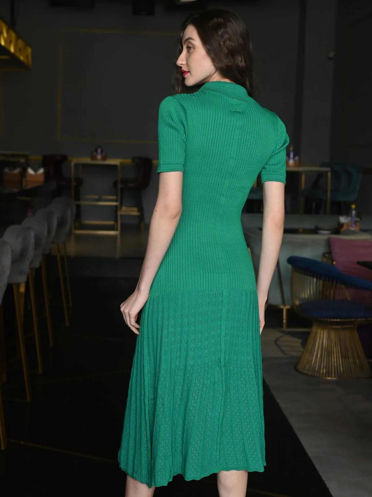Odette Green Solid Rib With Lycra Dress For Women - Image 5