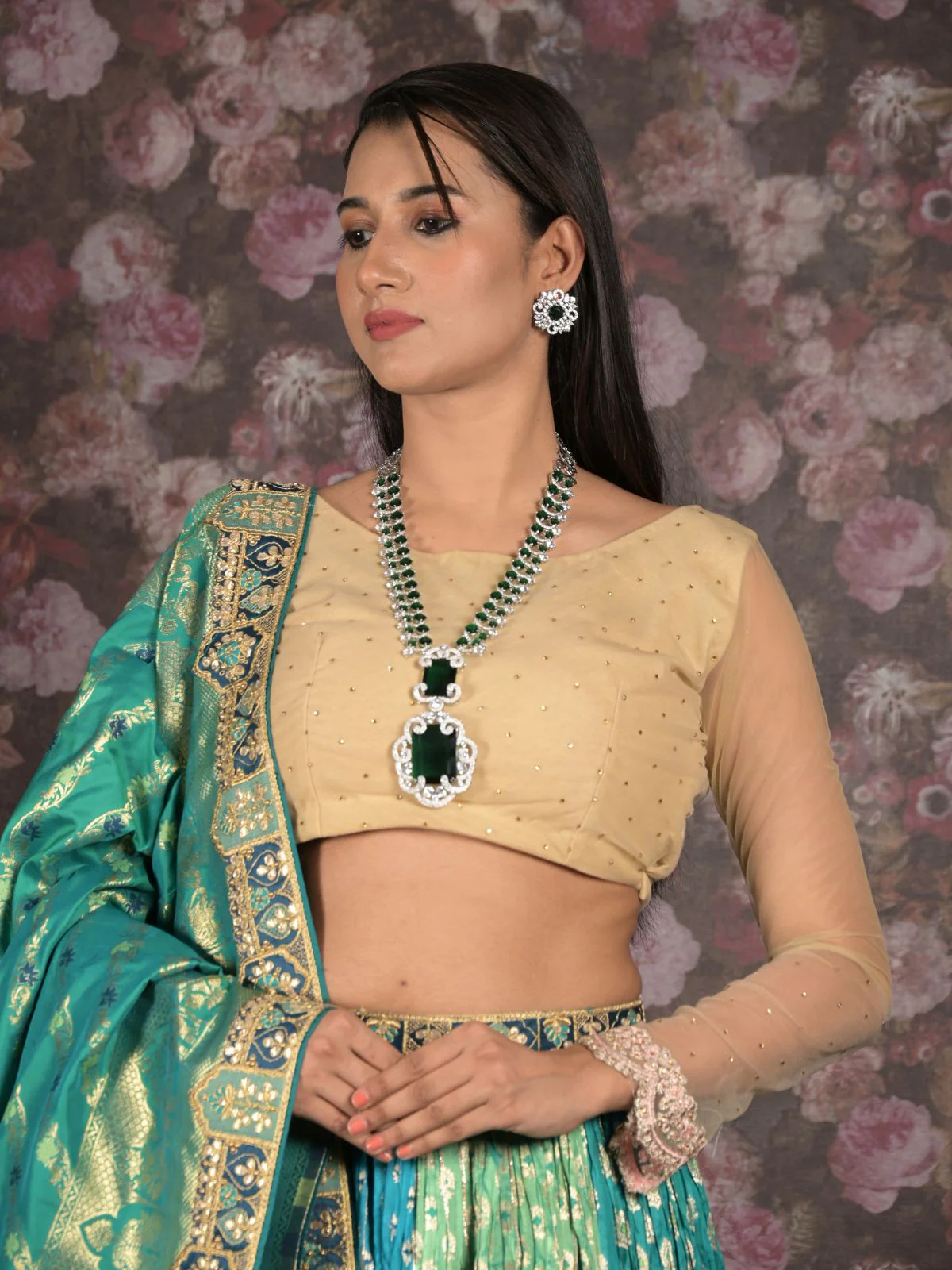 Odette Green Stones Long Jewelery Set For Women - Image 3