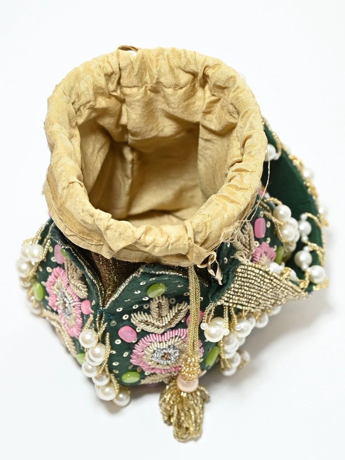 Odette Green Suede Embroidered Lotus Potli For Women - Image 7