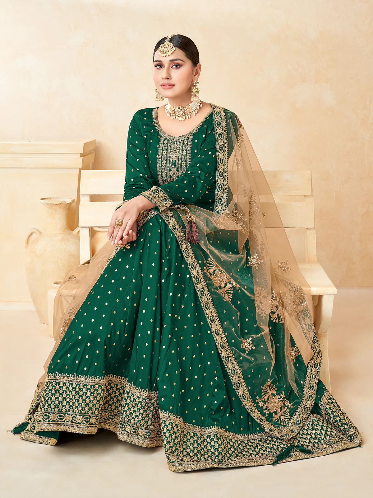 Odette Green Tafeta Embroidered Semi stitched Kurta Set For Women - Image 2
