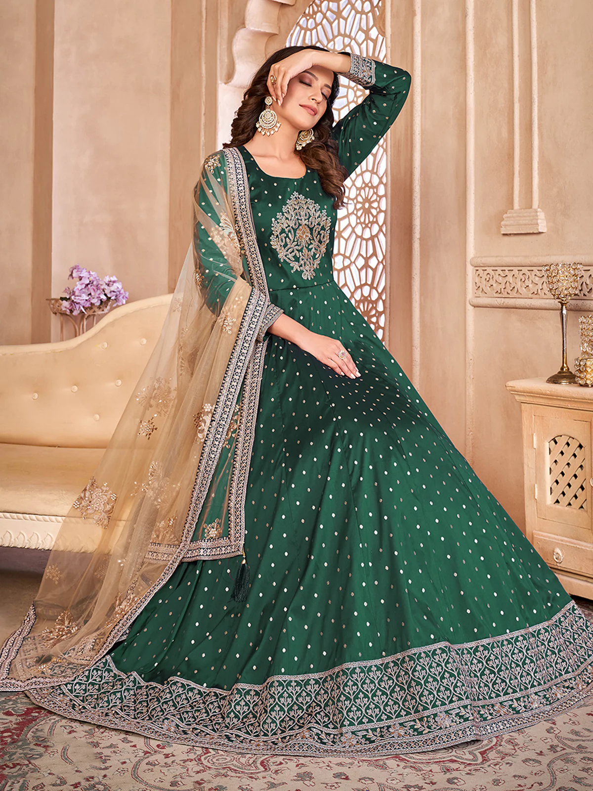 Odette Green Tafeta Embroidered Semi stitched Kurta Set For Women - Image 2