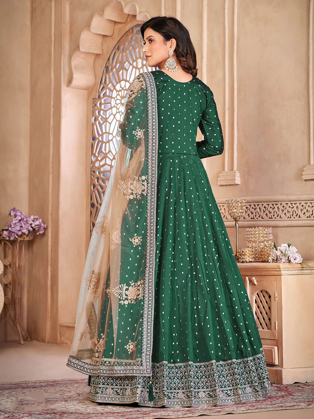 Odette Green Tafeta Embroidered Semi stitched Kurta Set For Women - Image 3