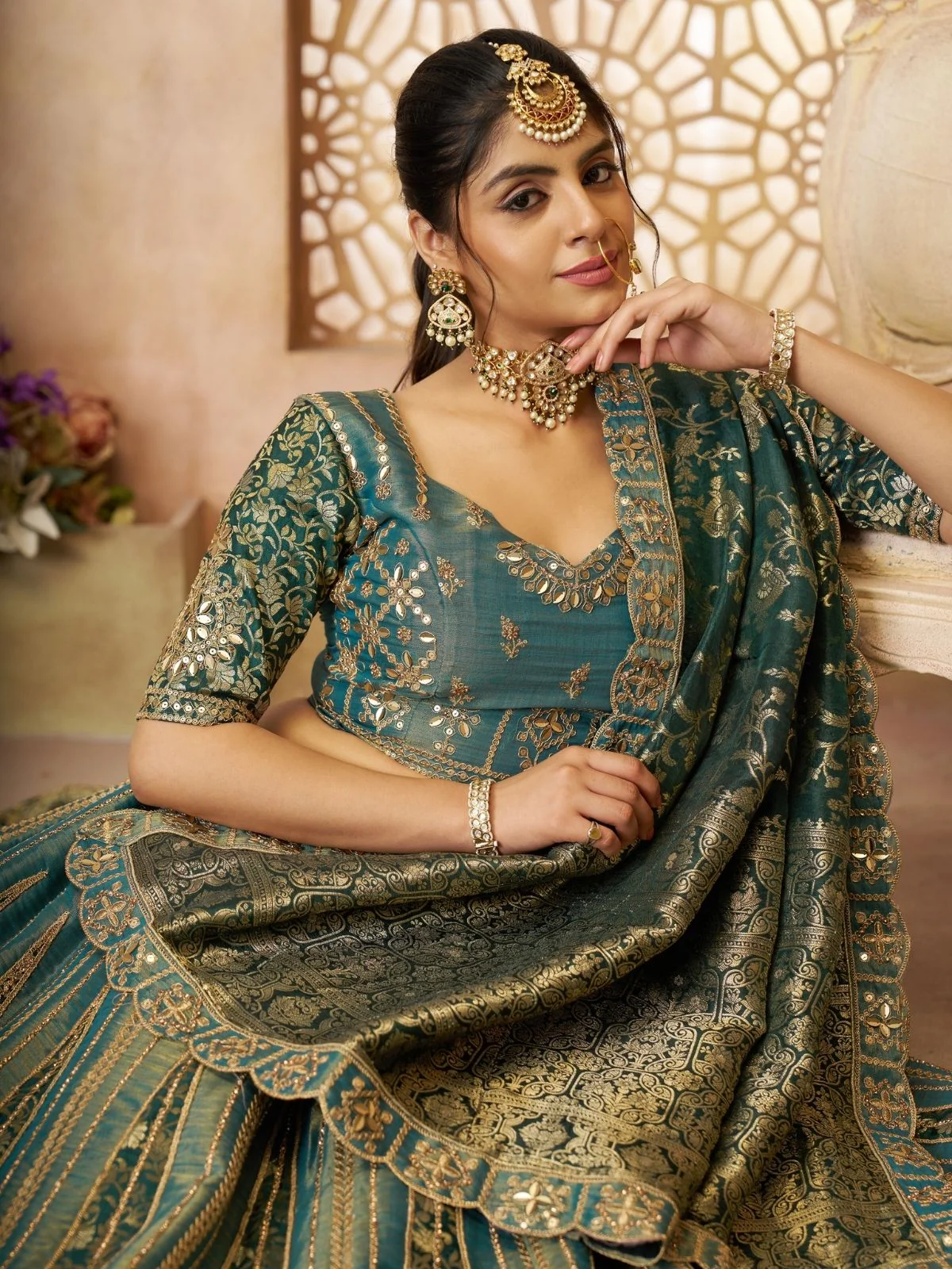 Odette Green Tissue Embroidered Semi-Stitched Lehenga For Women - Image 3