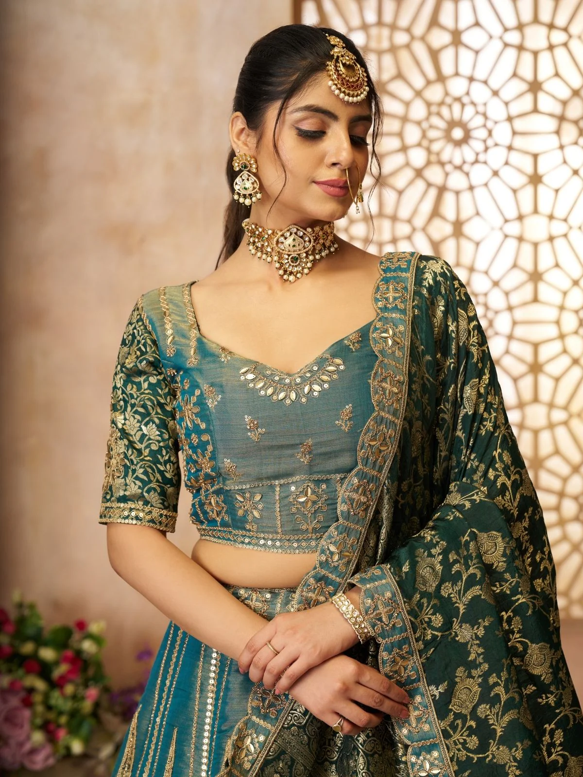 Odette Green Tissue Embroidered Semi-Stitched Lehenga For Women - Image 4