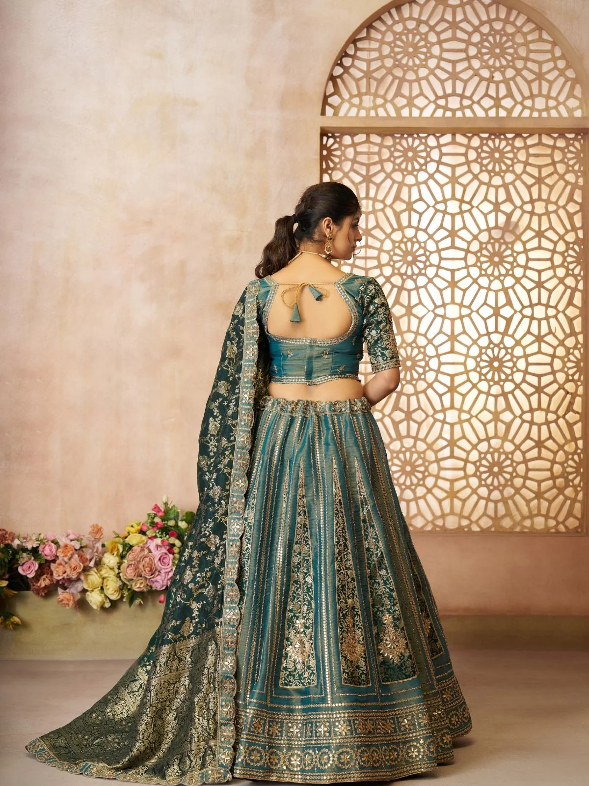 Odette Green Tissue Embroidered Semi-Stitched Lehenga For Women - Image 5